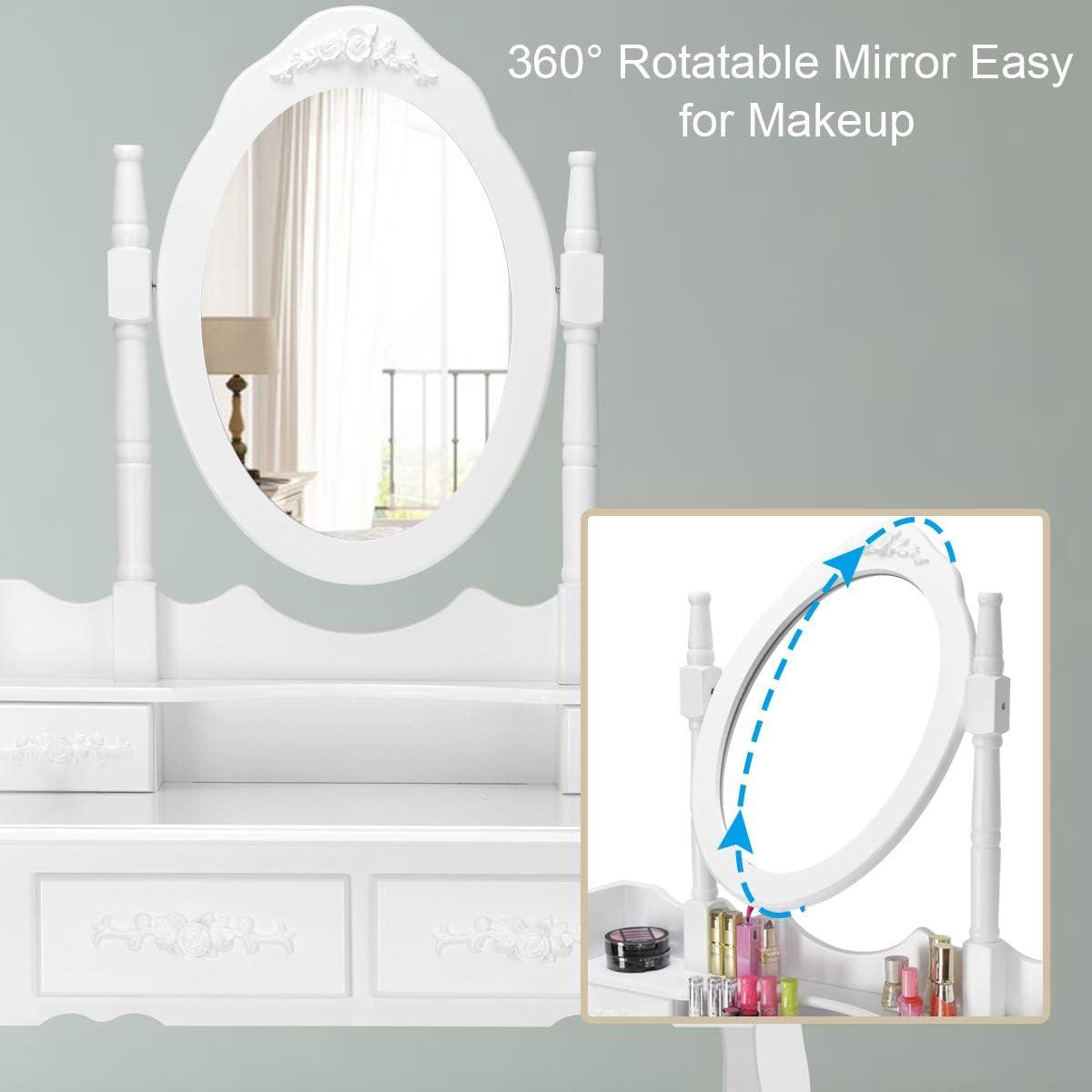 image:imageGiantex Vanity Set with Round Lighted Mirror Makeup Dressing Table with 8 Light Bulbs and Brightness Adjustable Bedroom Makeup Table with Cushioned Stool and 2 Sliding Drawers WhiteWhite