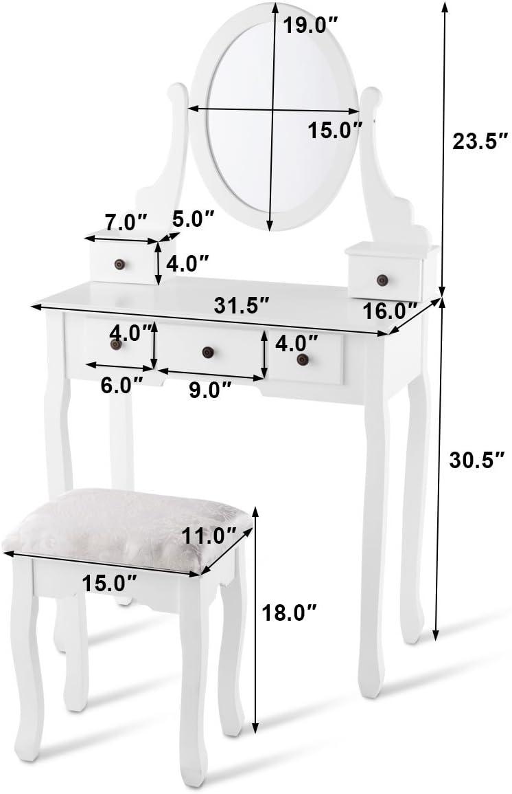 image:imageGiantex Vanity Set with Round Lighted Mirror Makeup Dressing Table with 8 Light Bulbs and Brightness Adjustable Bedroom Makeup Table with Cushioned Stool and 2 Sliding Drawers WhiteWhite