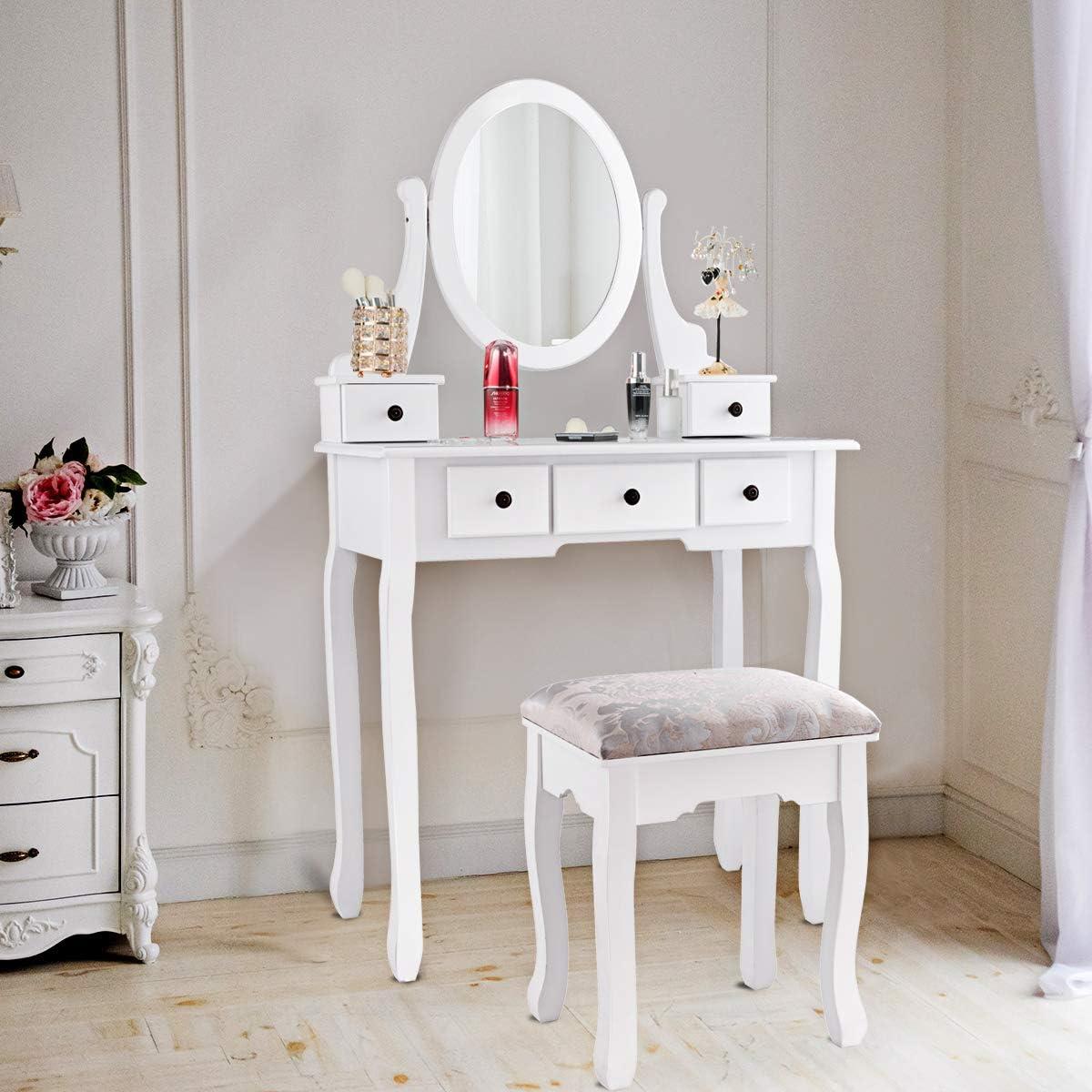 image:imageGiantex Vanity Set with Round Lighted Mirror Makeup Dressing Table with 8 Light Bulbs and Brightness Adjustable Bedroom Makeup Table with Cushioned Stool and 2 Sliding Drawers WhiteWhite