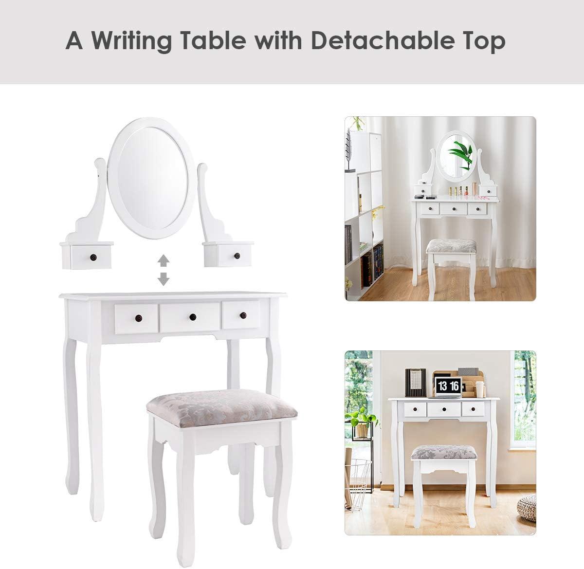 image:imageGiantex Vanity Set with Round Lighted Mirror Makeup Dressing Table with 8 Light Bulbs and Brightness Adjustable Bedroom Makeup Table with Cushioned Stool and 2 Sliding Drawers WhiteWhite