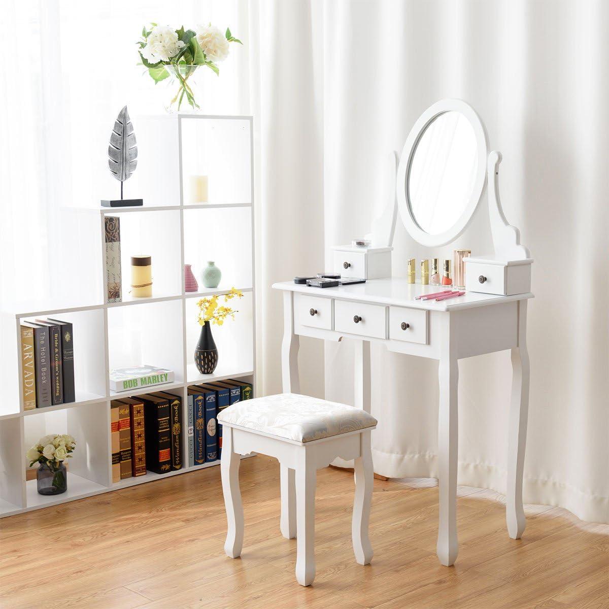 image:imageGiantex Vanity Set with Round Lighted Mirror Makeup Dressing Table with 8 Light Bulbs and Brightness Adjustable Bedroom Makeup Table with Cushioned Stool and 2 Sliding Drawers WhiteWhite