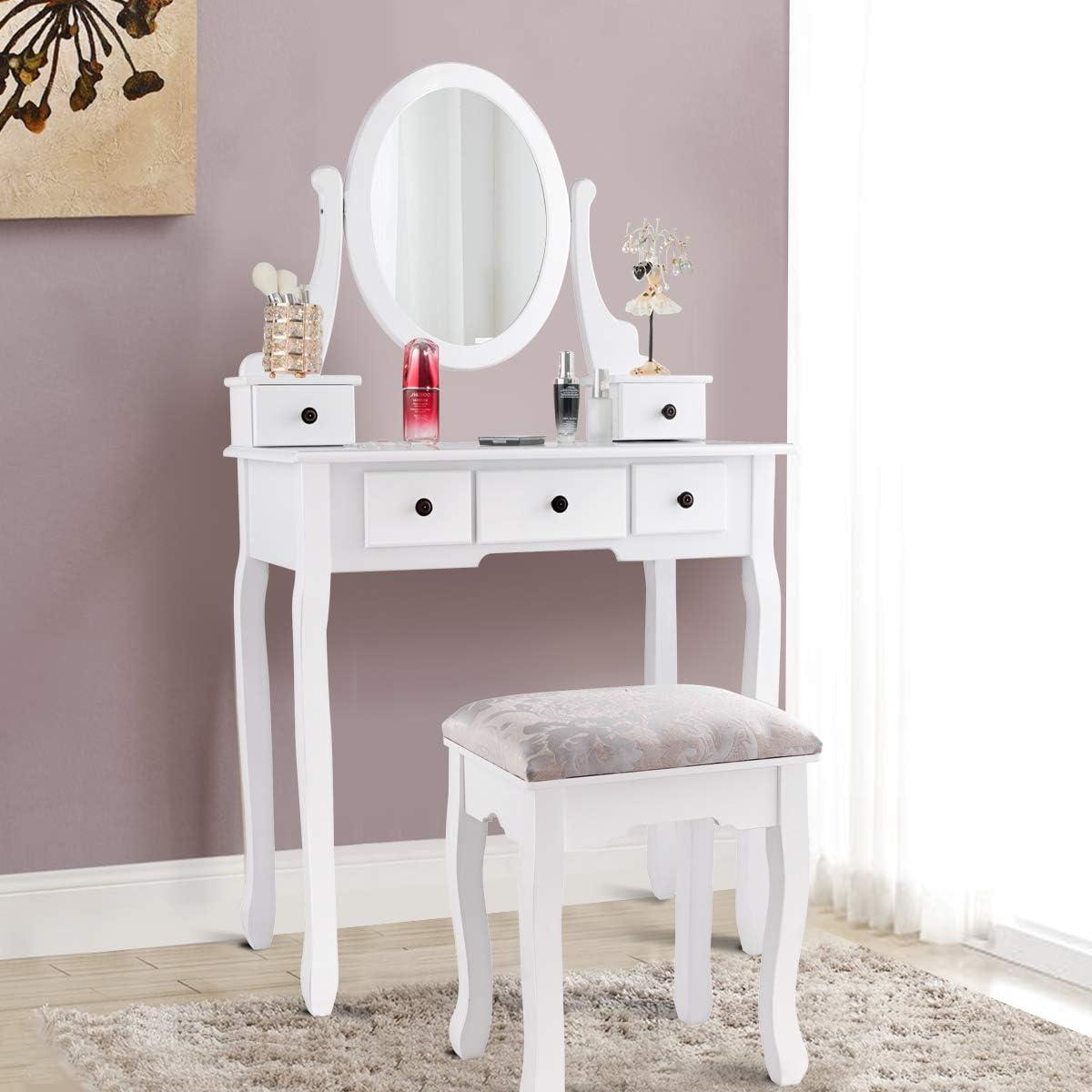 image:imageGiantex Vanity Set with Round Lighted Mirror Makeup Dressing Table with 8 Light Bulbs and Brightness Adjustable Bedroom Makeup Table with Cushioned Stool and 2 Sliding Drawers WhiteWhite