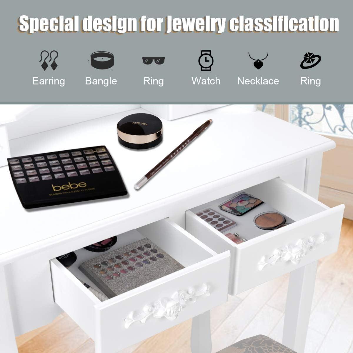 image:imageGiantex Vanity Set with Round Lighted Mirror Makeup Dressing Table with 8 Light Bulbs and Brightness Adjustable Bedroom Makeup Table with Cushioned Stool and 2 Sliding Drawers WhiteWhite