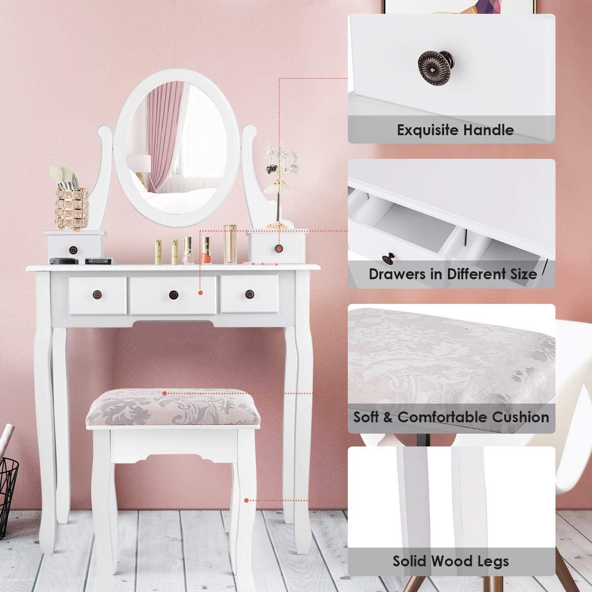 image:imageGiantex Vanity Set with Round Lighted Mirror Makeup Dressing Table with 8 Light Bulbs and Brightness Adjustable Bedroom Makeup Table with Cushioned Stool and 2 Sliding Drawers WhiteWhite