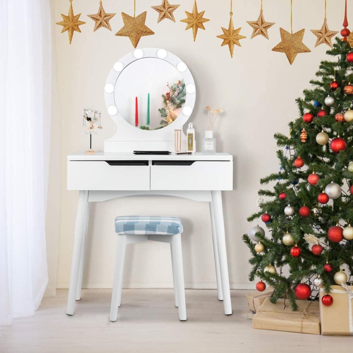 image:imageGiantex Vanity Set with Round Lighted Mirror Makeup Dressing Table with 8 Light Bulbs and Brightness Adjustable Bedroom Makeup Table with Cushioned Stool and 2 Sliding Drawers WhiteWhite