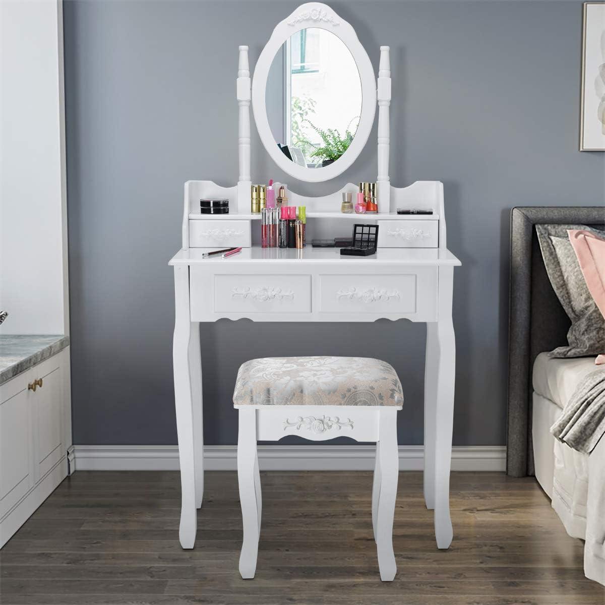 image:imageGiantex Vanity Set with Round Lighted Mirror Makeup Dressing Table with 8 Light Bulbs and Brightness Adjustable Bedroom Makeup Table with Cushioned Stool and 2 Sliding Drawers WhiteWhite
