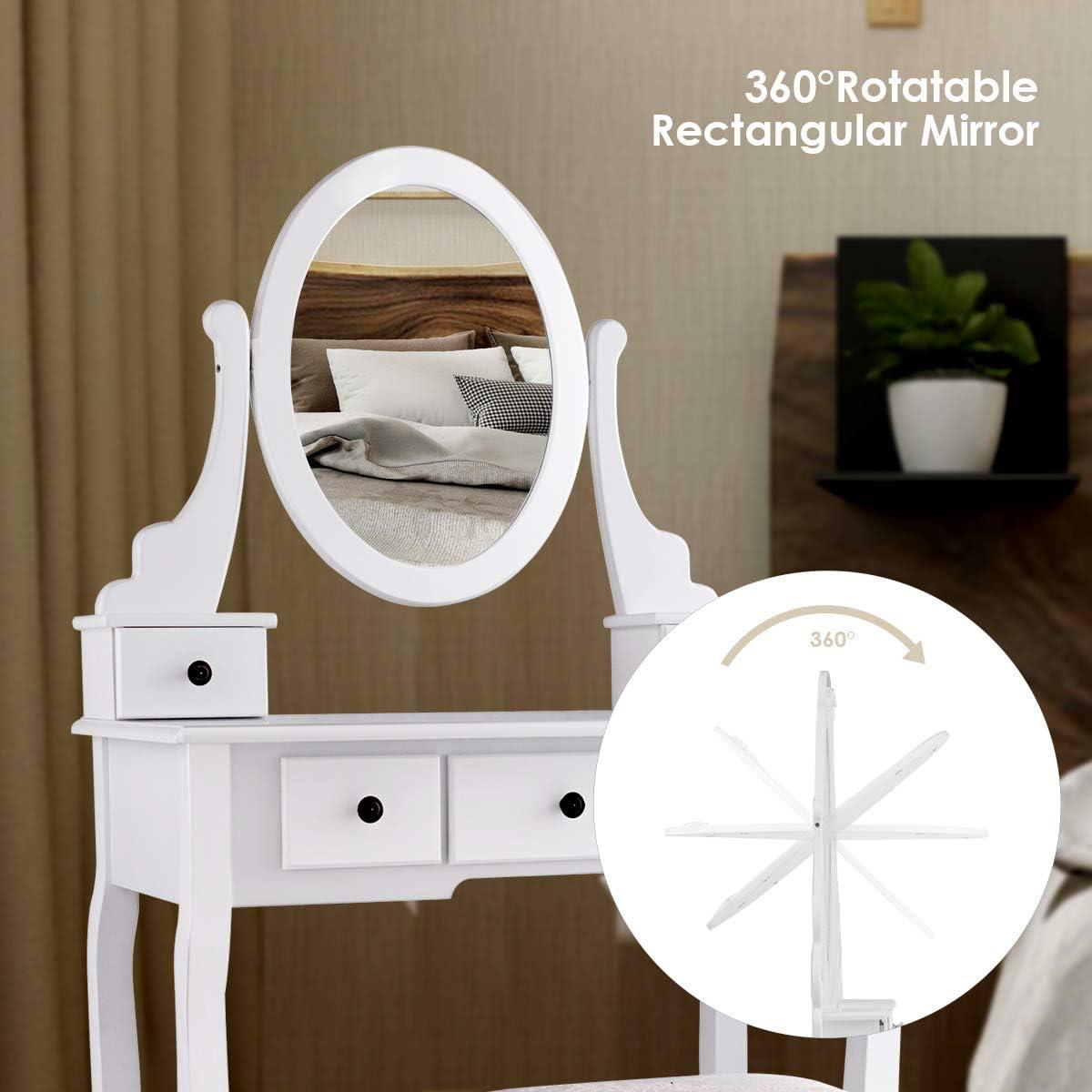 image:imageGiantex Vanity Set with Round Lighted Mirror Makeup Dressing Table with 8 Light Bulbs and Brightness Adjustable Bedroom Makeup Table with Cushioned Stool and 2 Sliding Drawers WhiteWhite
