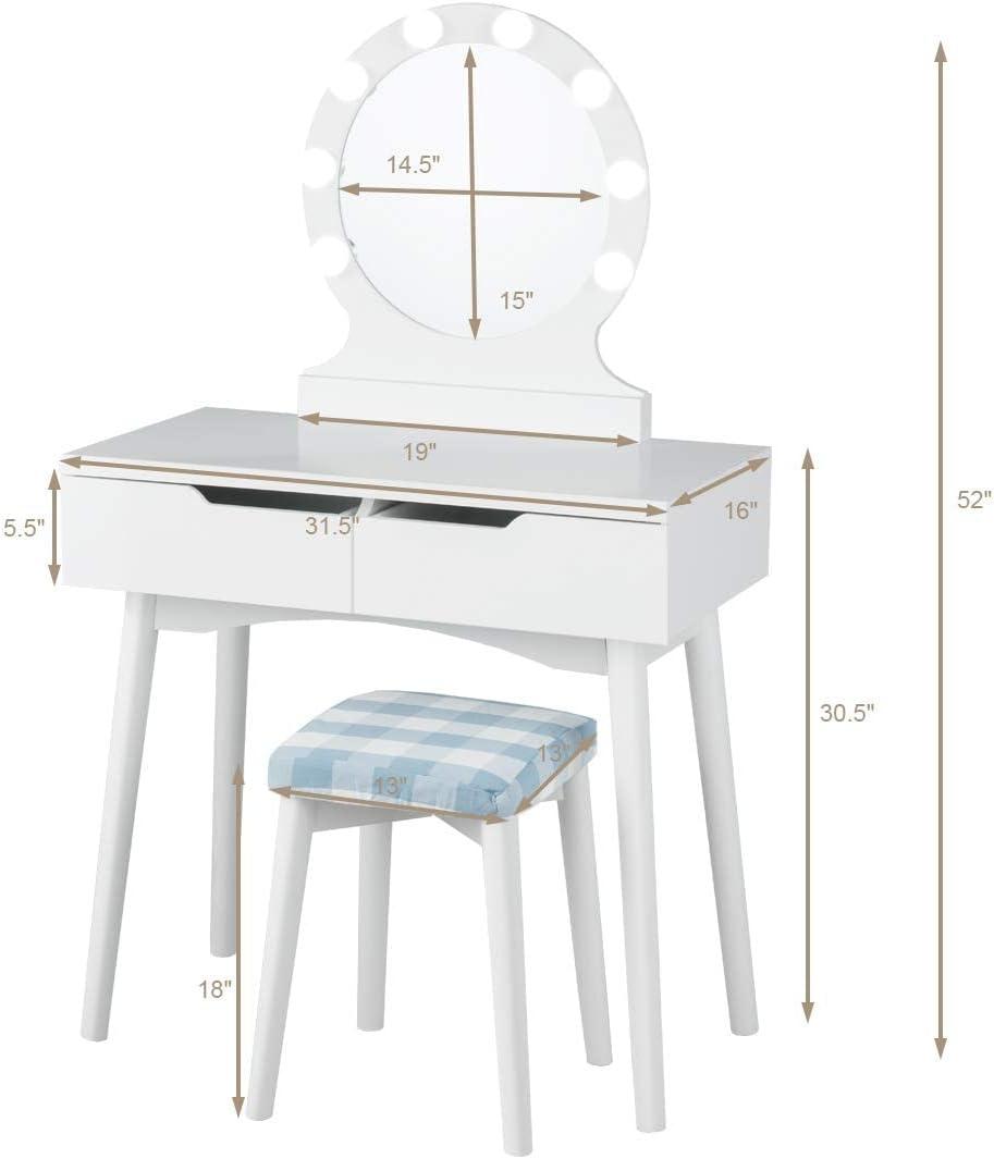 image:imageGiantex Vanity Set with Round Lighted Mirror Makeup Dressing Table with 8 Light Bulbs and Brightness Adjustable Bedroom Makeup Table with Cushioned Stool and 2 Sliding Drawers WhiteWhite