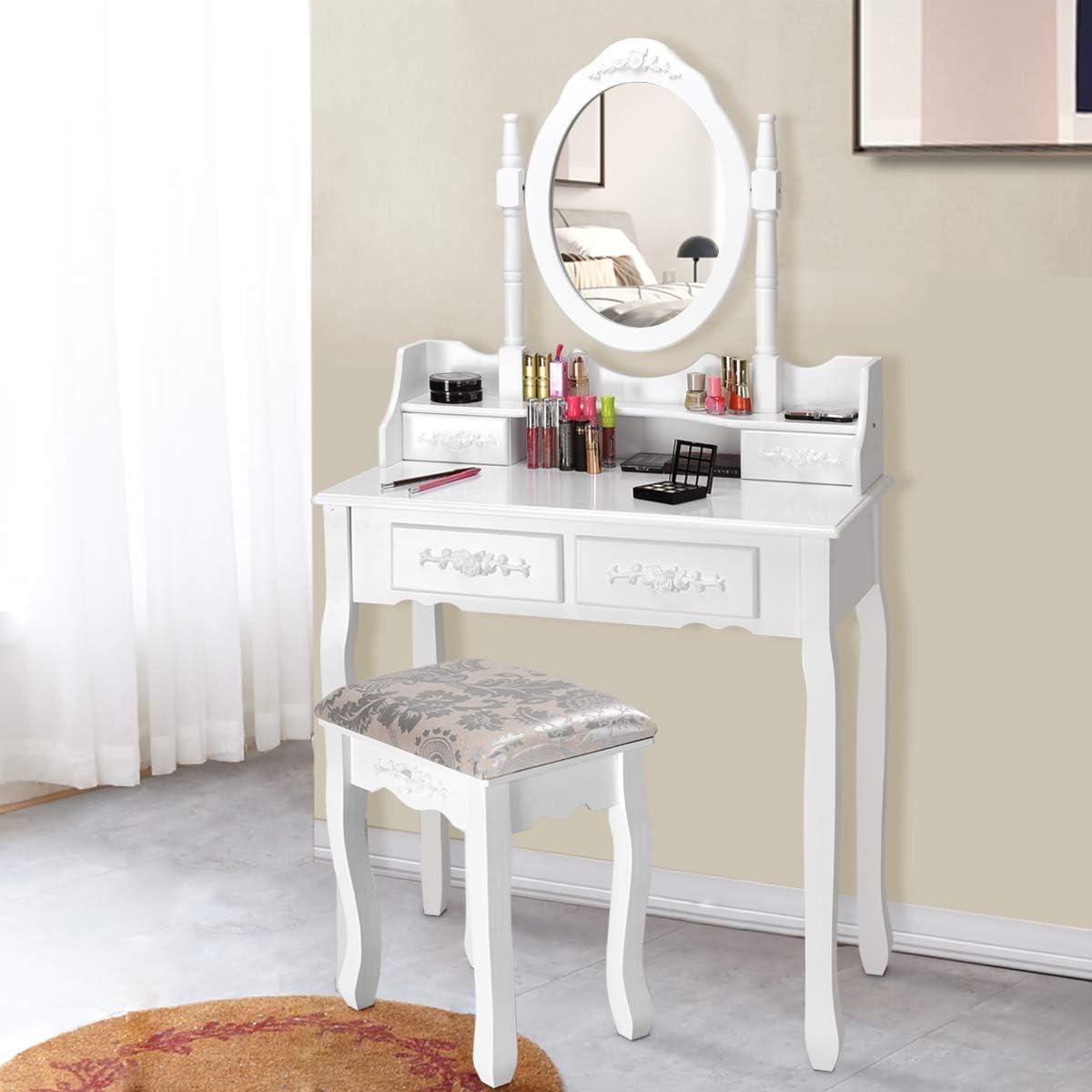 image:imageGiantex Vanity Set with Round Lighted Mirror Makeup Dressing Table with 8 Light Bulbs and Brightness Adjustable Bedroom Makeup Table with Cushioned Stool and 2 Sliding Drawers WhiteWhite