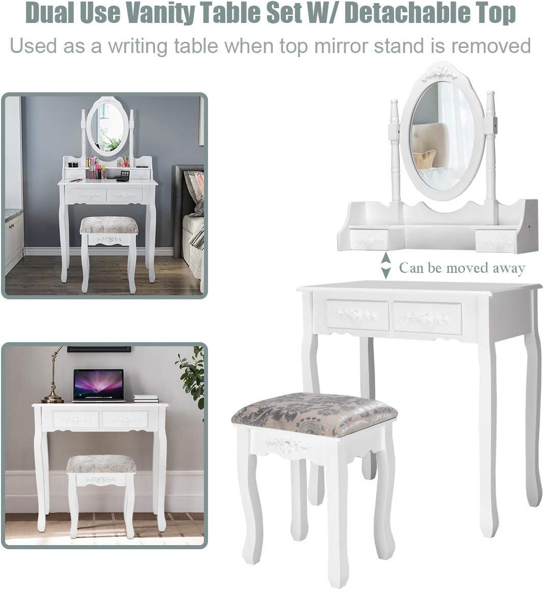 image:imageGiantex Vanity Set with Round Lighted Mirror Makeup Dressing Table with 8 Light Bulbs and Brightness Adjustable Bedroom Makeup Table with Cushioned Stool and 2 Sliding Drawers WhiteWhite