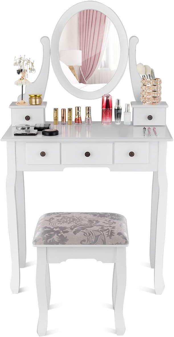 image:imageGiantex Vanity Set with Round Lighted Mirror Makeup Dressing Table with 8 Light Bulbs and Brightness Adjustable Bedroom Makeup Table with Cushioned Stool and 2 Sliding Drawers WhiteWhite