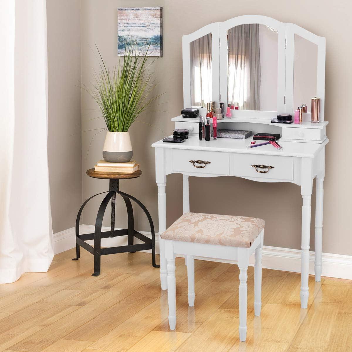 image:imageGiantex Vanity Set with TriFolding Mirror Makeup Dressing Table with 4 Drawers and Storage Shelf Modern Bedroom Bathroom Makeup Vanity Desk with Cushioned Stool for Girls Women BlackWhite