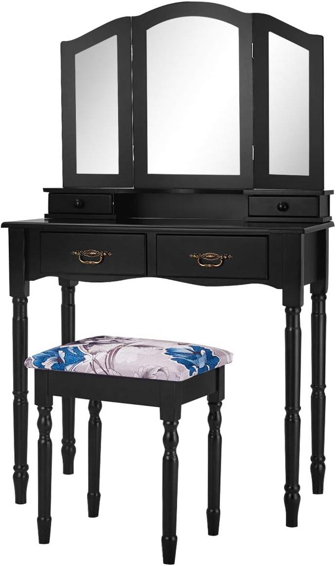image:imageGiantex Vanity Set with TriFolding Mirror Makeup Dressing Table with 4 Drawers and Storage Shelf Modern Bedroom Bathroom Makeup Vanity Desk with Cushioned Stool for Girls Women BlackBlack