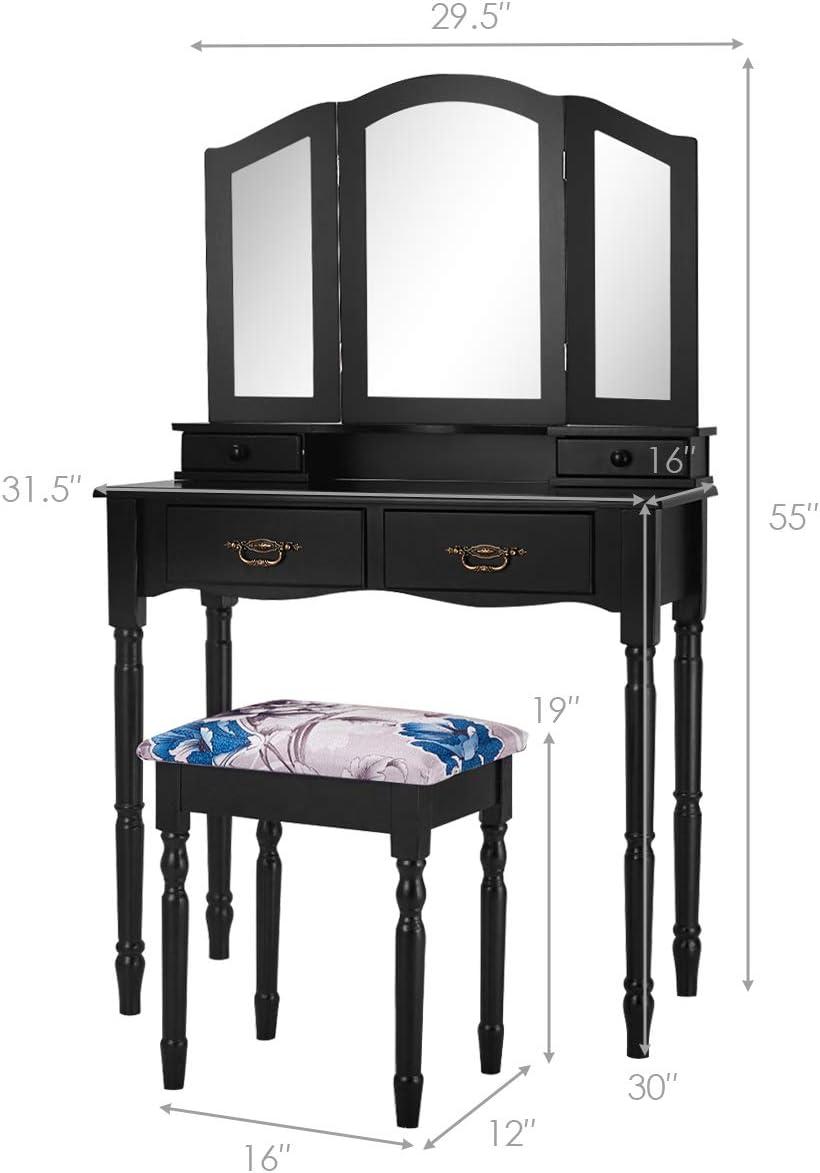 image:imageGiantex Vanity Set with TriFolding Mirror Makeup Dressing Table with 4 Drawers and Storage Shelf Modern Bedroom Bathroom Makeup Vanity Desk with Cushioned Stool for Girls Women BlackBlack
