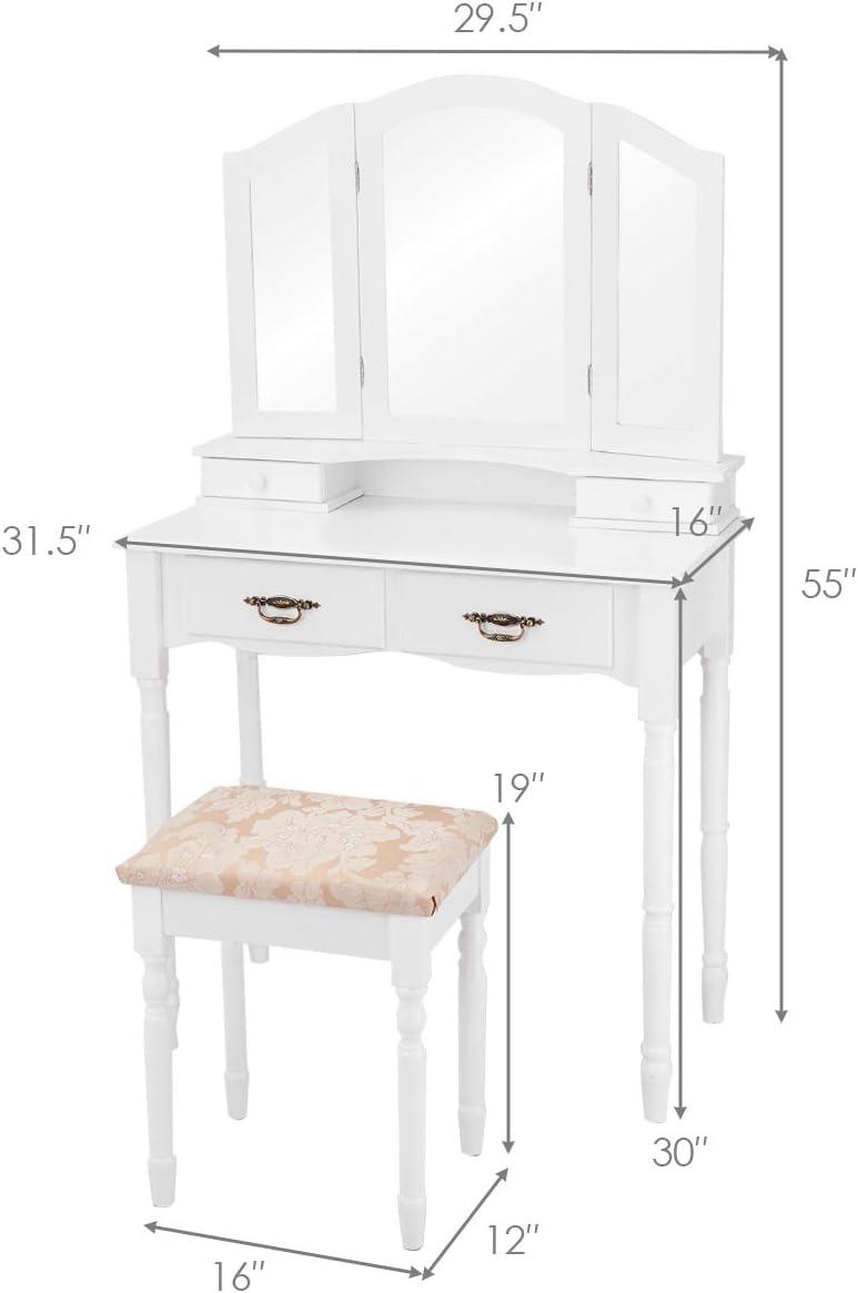 image:imageGiantex Vanity Set with TriFolding Mirror Makeup Dressing Table with 4 Drawers and Storage Shelf Modern Bedroom Bathroom Makeup Vanity Desk with Cushioned Stool for Girls Women BlackWhite