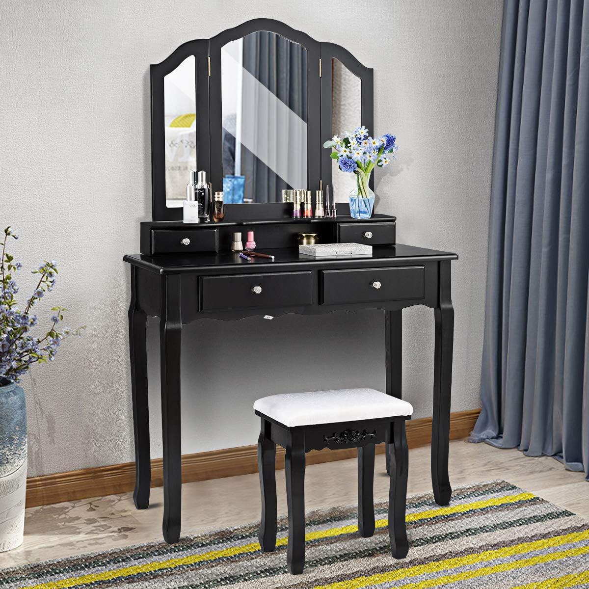 image:imageGiantex Vanity Set with TriFolding Mirror and 4 Drawers Makeup Dressing Table with Cushioned Stool for Girls Women Modern Bedroom Bathroom Makeup Table with Stool BlackBlack