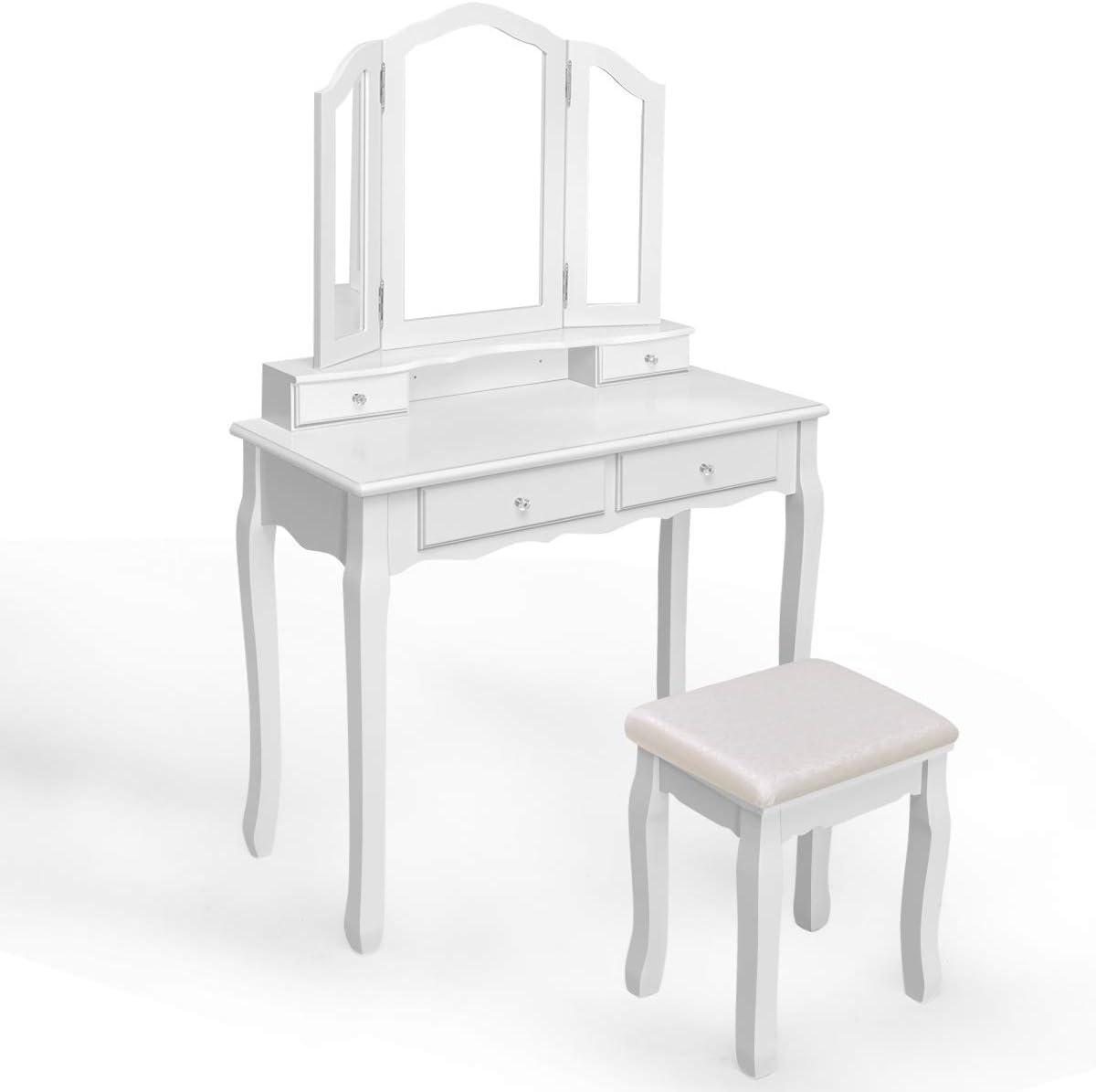 image:imageGiantex Vanity Set with TriFolding Mirror and 4 Drawers Makeup Dressing Table with Cushioned Stool for Girls Women Modern Bedroom Bathroom Makeup Table with Stool BlackWhite