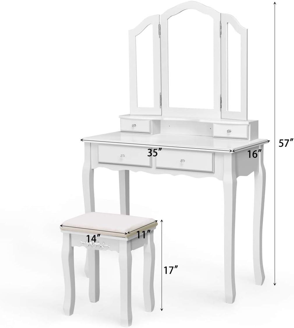 image:imageGiantex Vanity Set with TriFolding Mirror and 4 Drawers Makeup Dressing Table with Cushioned Stool for Girls Women Modern Bedroom Bathroom Makeup Table with Stool BlackWhite