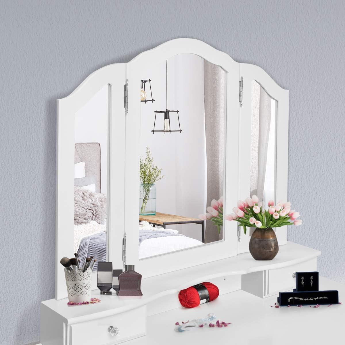 image:imageGiantex Vanity Set with TriFolding Mirror and 4 Drawers Makeup Dressing Table with Cushioned Stool for Girls Women Modern Bedroom Bathroom Makeup Table with Stool BlackWhite