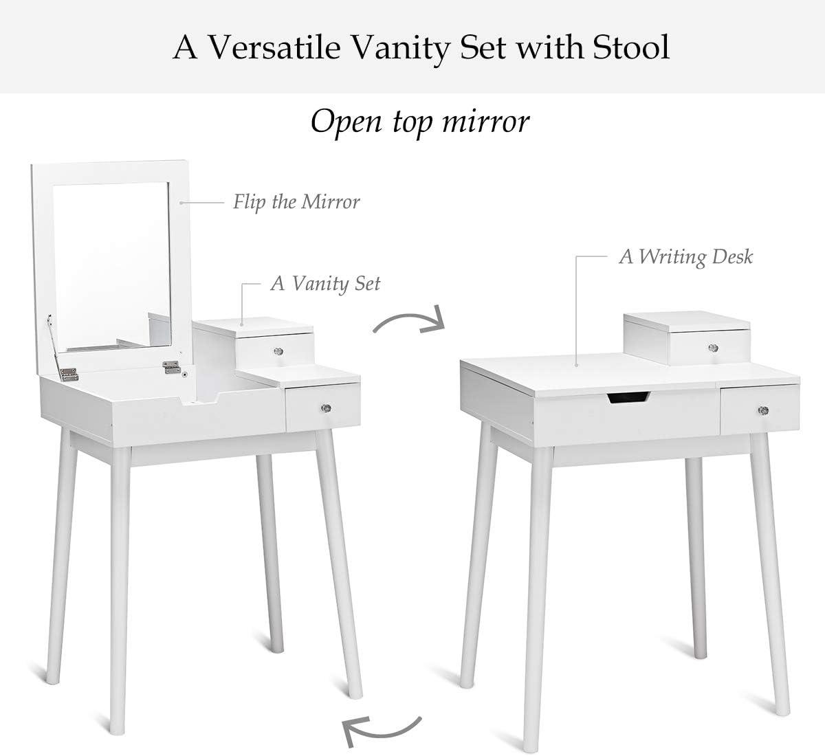 image:imageGiantex Vanity Table Set with Flip Top Mirror and Cushioned Stool Folding Top Flip Mirrored Large Storage Organizer for Home Bedroom Bathroom Makeup Dressing Table Set with 2 Drawers White