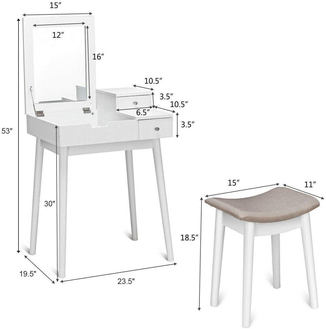 image:imageGiantex Vanity Table Set with Flip Top Mirror and Cushioned Stool Folding Top Flip Mirrored Large Storage Organizer for Home Bedroom Bathroom Makeup Dressing Table Set with 2 Drawers White