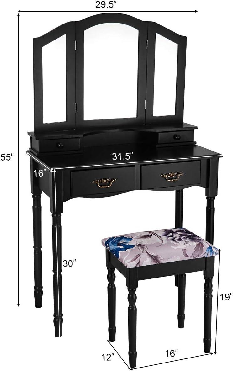image:imageGiantex Vanity Table Set with TriFolding Mirror Makeup Dressing Table with 4 Drawers Bedroom Vanity with Padded Stool Room Desk Vanities Black