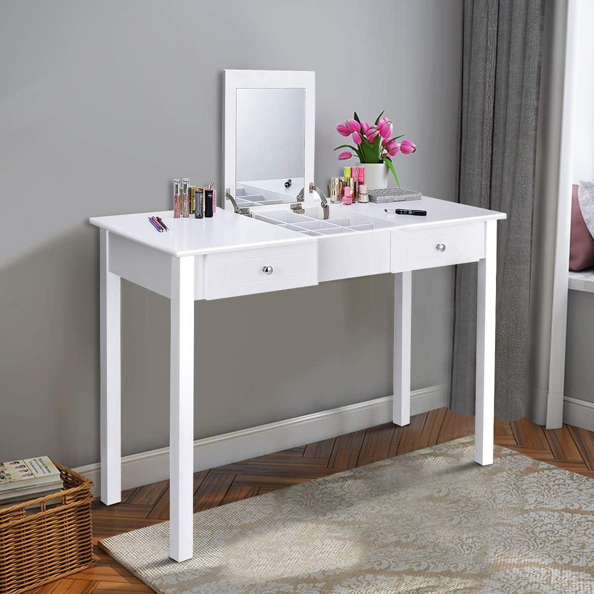 image:imageGiantex Vanity Table with Flip Top Mirror Makeup Dressing Desk with 2 Drawers and Removable Organizer Bedroom Vanity Writing Desk for Girls Women Easy Assembly White