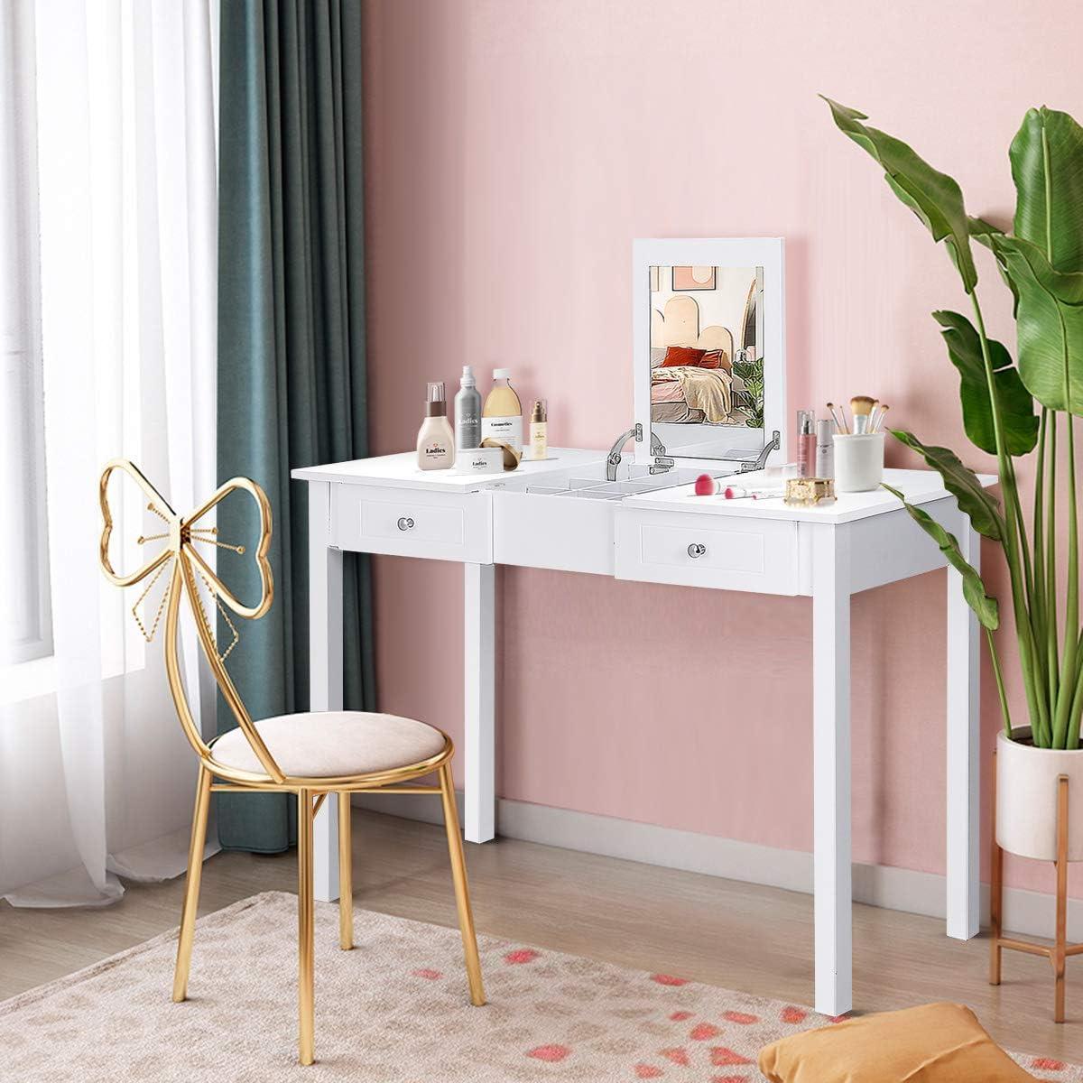 image:imageGiantex Vanity Table with Flip Top Mirror Makeup Dressing Desk with 2 Drawers and Removable Organizer Bedroom Vanity Writing Desk for Girls Women Easy Assembly White