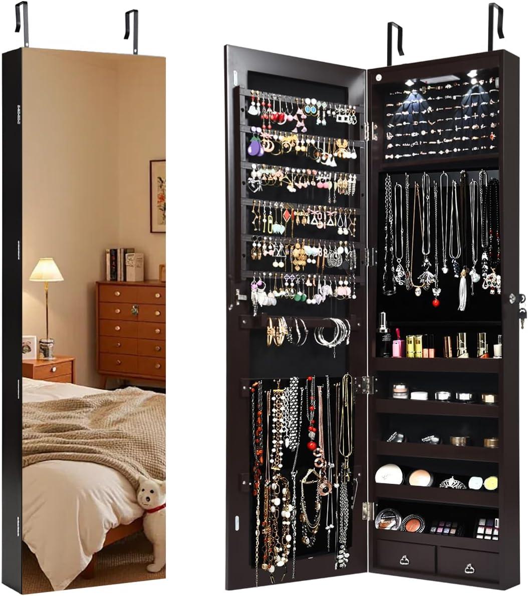 image:imageGiantex Wall Door Mounted Jewelry Armoire Cabinet with 475 H Full Length Mirror 2 LEDs Lockable Jewelry Organizer Box with Bracelet Rod 2 Drawers Large Storage Capacity BlackEspresso