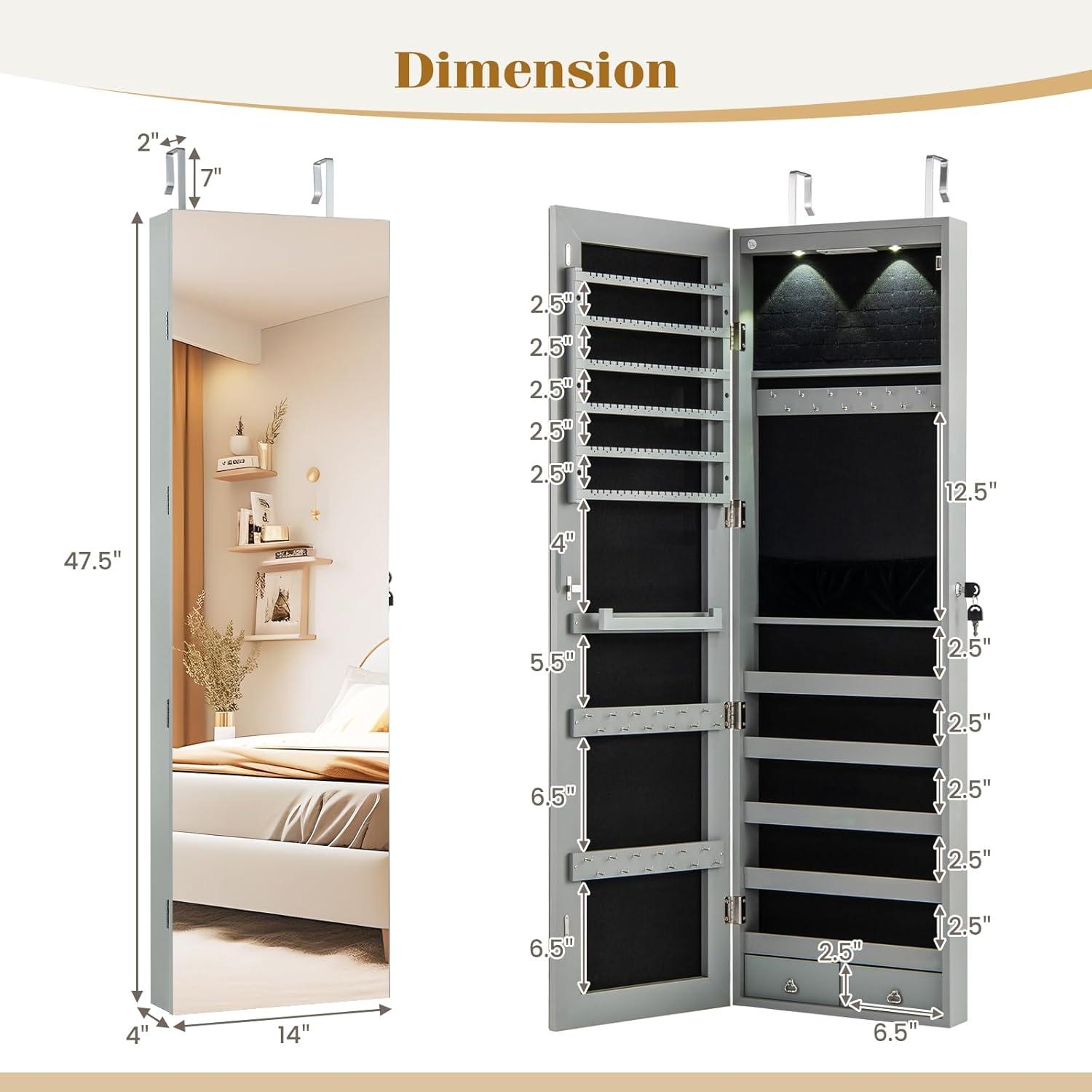 image:imageGiantex Wall Door Mounted Jewelry Armoire Cabinet with 475 H Full Length Mirror 2 LEDs Lockable Jewelry Organizer Box with Bracelet Rod 2 Drawers Large Storage Capacity BlackGray