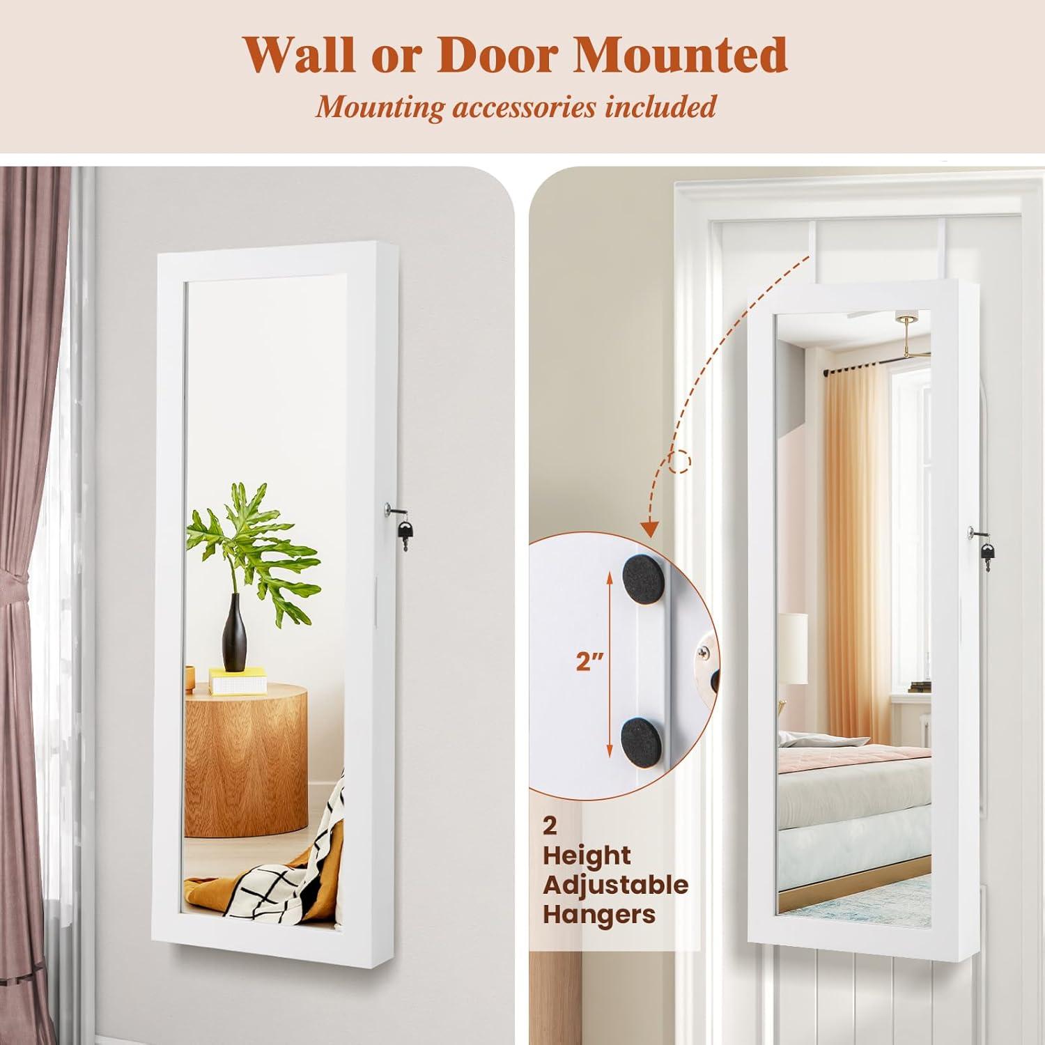 image:imageGiantex Wall Door Mounted Jewelry Armoire Cabinet with 475 H Full Length Mirror 2 LEDs Lockable Jewelry Organizer Box with Bracelet Rod 2 Drawers Large Storage Capacity BlackWhite