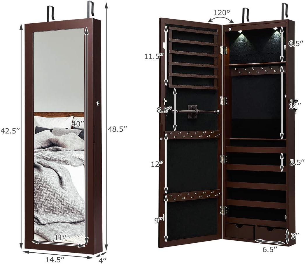 image:imageGiantex Wall Door Mounted Jewelry Armoire Cabinet with 475 H Full Length Mirror 2 LEDs Lockable Jewelry Organizer Box with Bracelet Rod 2 Drawers Large Storage Capacity BlackEspresso