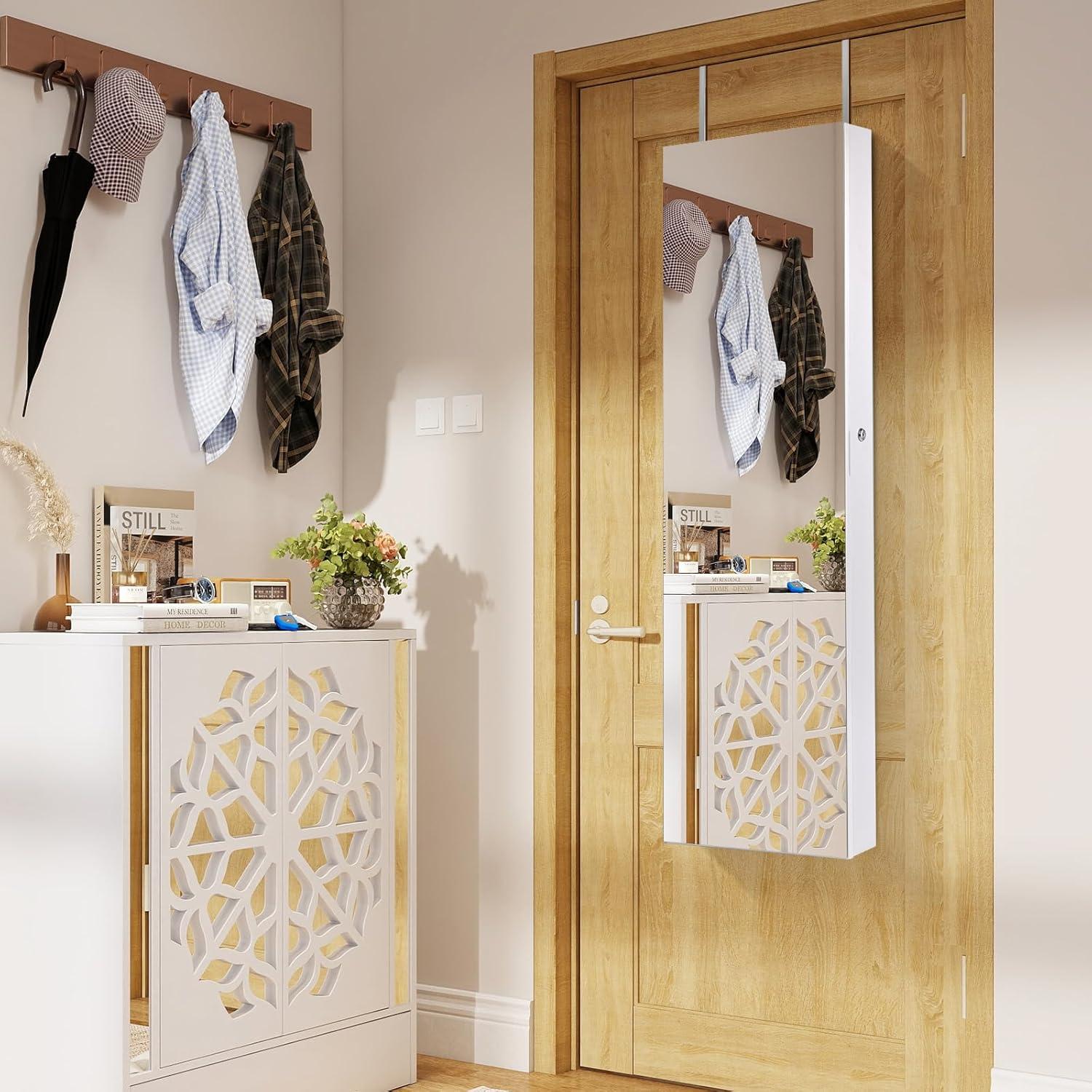 image:imageGiantex Wall Door Mounted Jewelry Armoire Cabinet with 475 H Full Length Mirror 2 LEDs Lockable Jewelry Organizer Box with Bracelet Rod 2 Drawers Large Storage Capacity BlackWhite