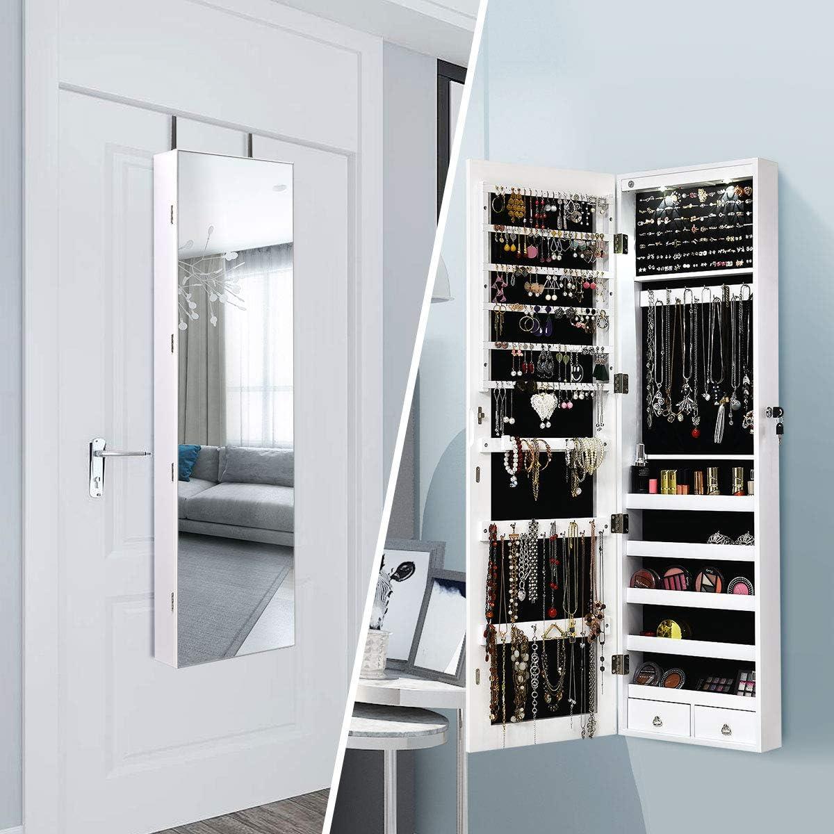 image:imageGiantex Wall Door Mounted Jewelry Armoire Cabinet with 475 H Full Length Mirror 2 LEDs Lockable Jewelry Organizer Box with Bracelet Rod 2 Drawers Large Storage Capacity BlackWhite