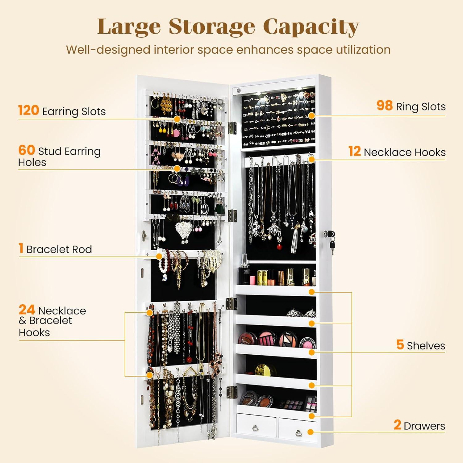 image:imageGiantex Wall Door Mounted Jewelry Armoire Cabinet with 475 H Full Length Mirror 2 LEDs Lockable Jewelry Organizer Box with Bracelet Rod 2 Drawers Large Storage Capacity BlackWhite