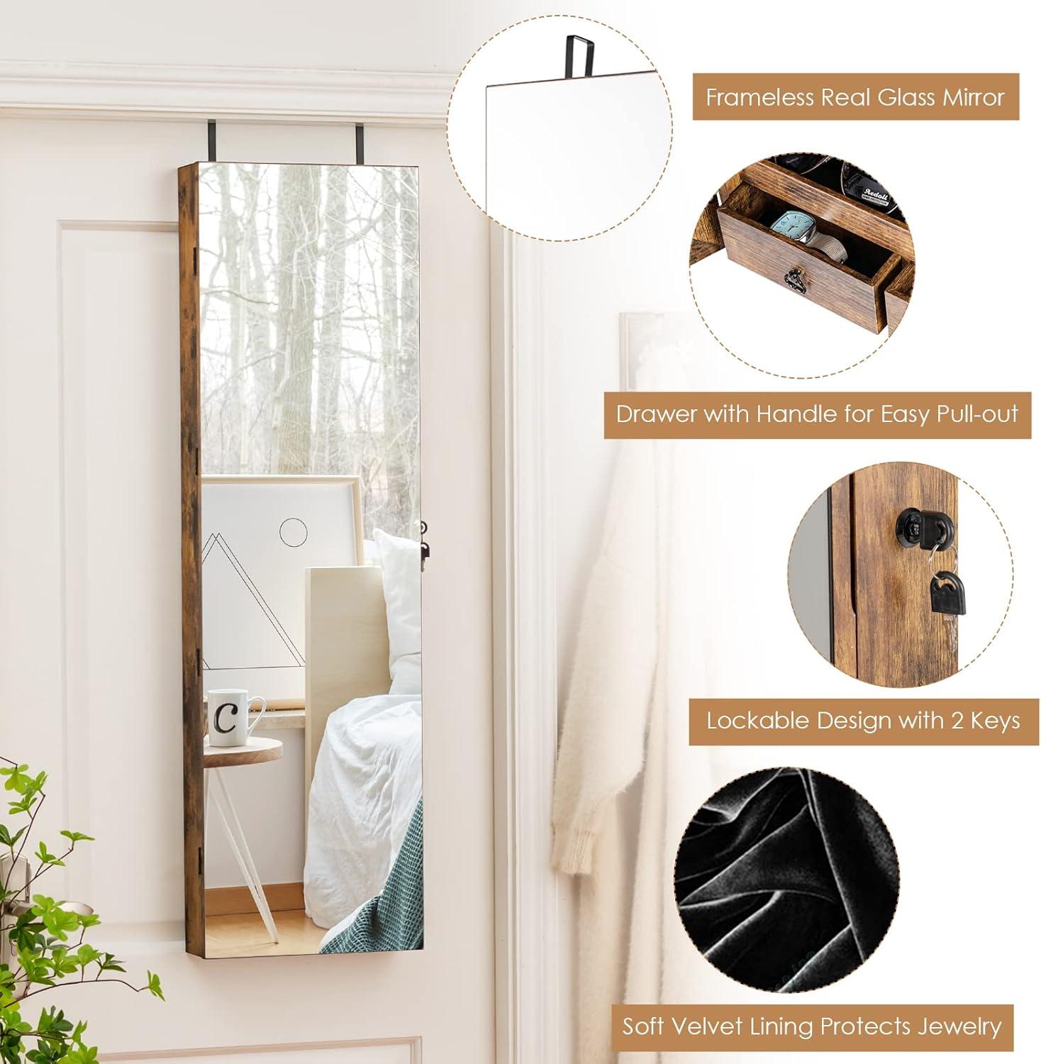 image:imageGiantex Wall Door Mounted Jewelry Armoire Cabinet with 475 H Full Length Mirror 2 LEDs Lockable Jewelry Organizer Box with Bracelet Rod 2 Drawers Large Storage Capacity BlackRustic Brown