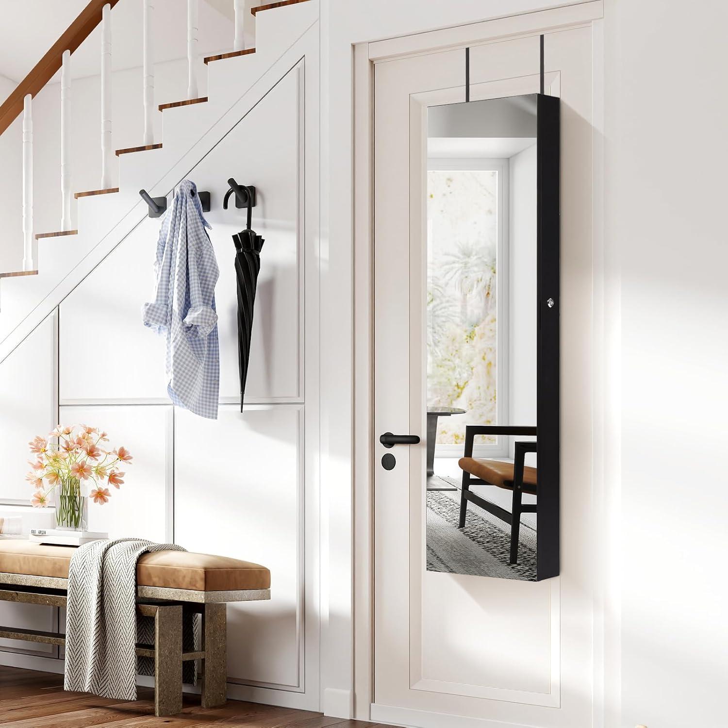 image:imageGiantex Wall Door Mounted Jewelry Armoire Cabinet with 475 H Full Length Mirror 2 LEDs Lockable Jewelry Organizer Box with Bracelet Rod 2 Drawers Large Storage Capacity BlackBlack