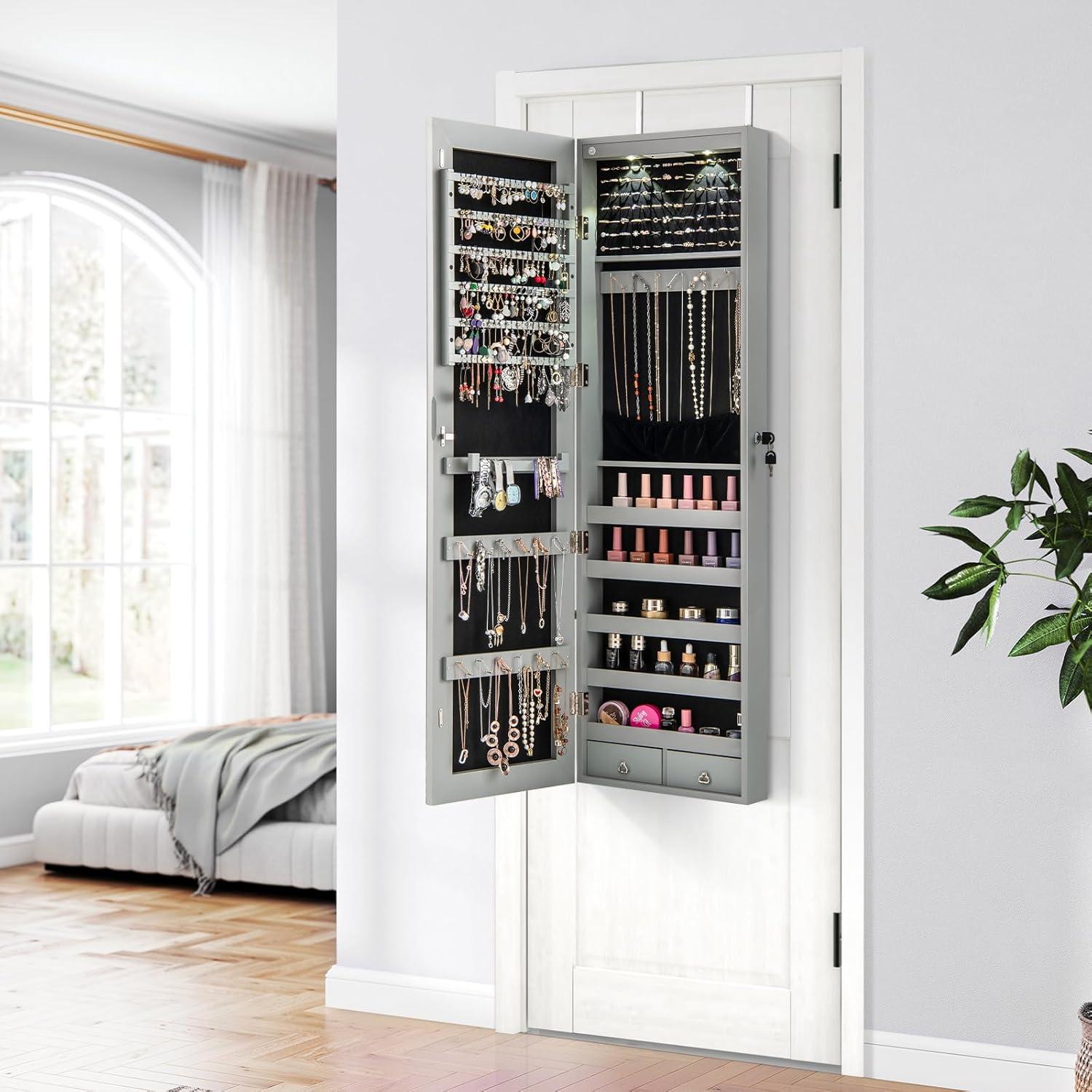 image:imageGiantex Wall Door Mounted Jewelry Armoire Cabinet with 475 H Full Length Mirror 2 LEDs Lockable Jewelry Organizer Box with Bracelet Rod 2 Drawers Large Storage Capacity BlackGray