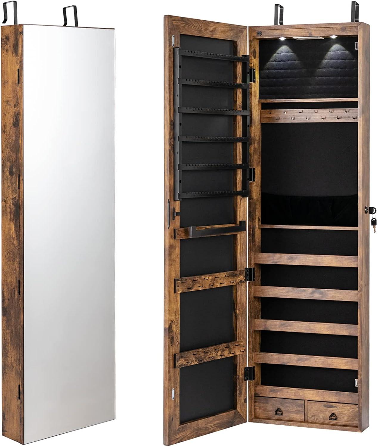 image:imageGiantex Wall Door Mounted Jewelry Armoire Cabinet with 475 H Full Length Mirror 2 LEDs Lockable Jewelry Organizer Box with Bracelet Rod 2 Drawers Large Storage Capacity BlackRustic Brown