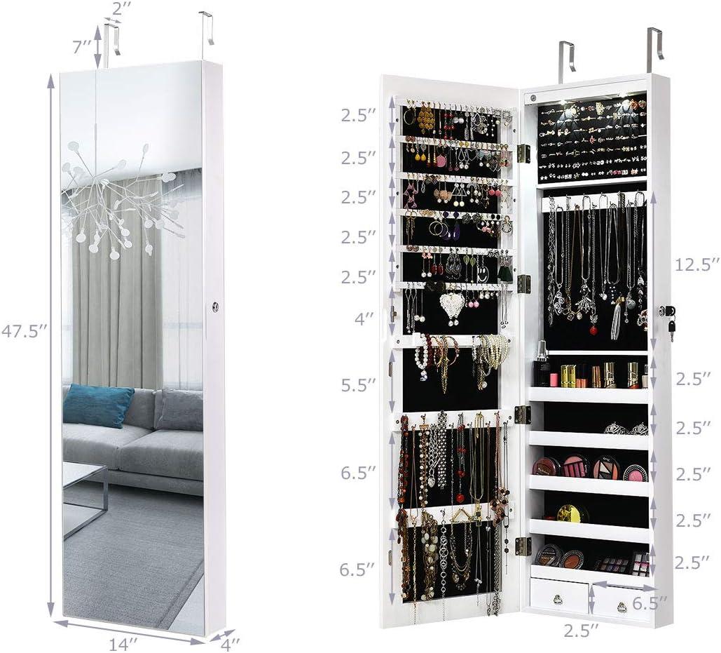 image:imageGiantex Wall Door Mounted Jewelry Armoire Cabinet with 475 H Full Length Mirror 2 LEDs Lockable Jewelry Organizer Box with Bracelet Rod 2 Drawers Large Storage Capacity BlackWhite