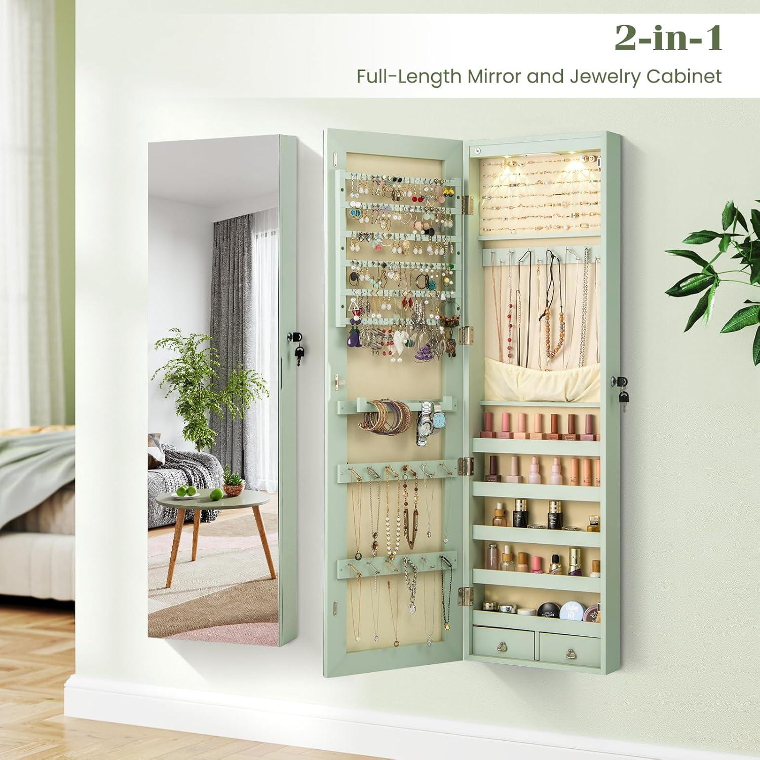 image:imageGiantex Wall Door Mounted Jewelry Armoire Cabinet with 475 H Full Length Mirror 2 LEDs Lockable Jewelry Organizer Box with Bracelet Rod 2 Drawers Large Storage Capacity BlackSage