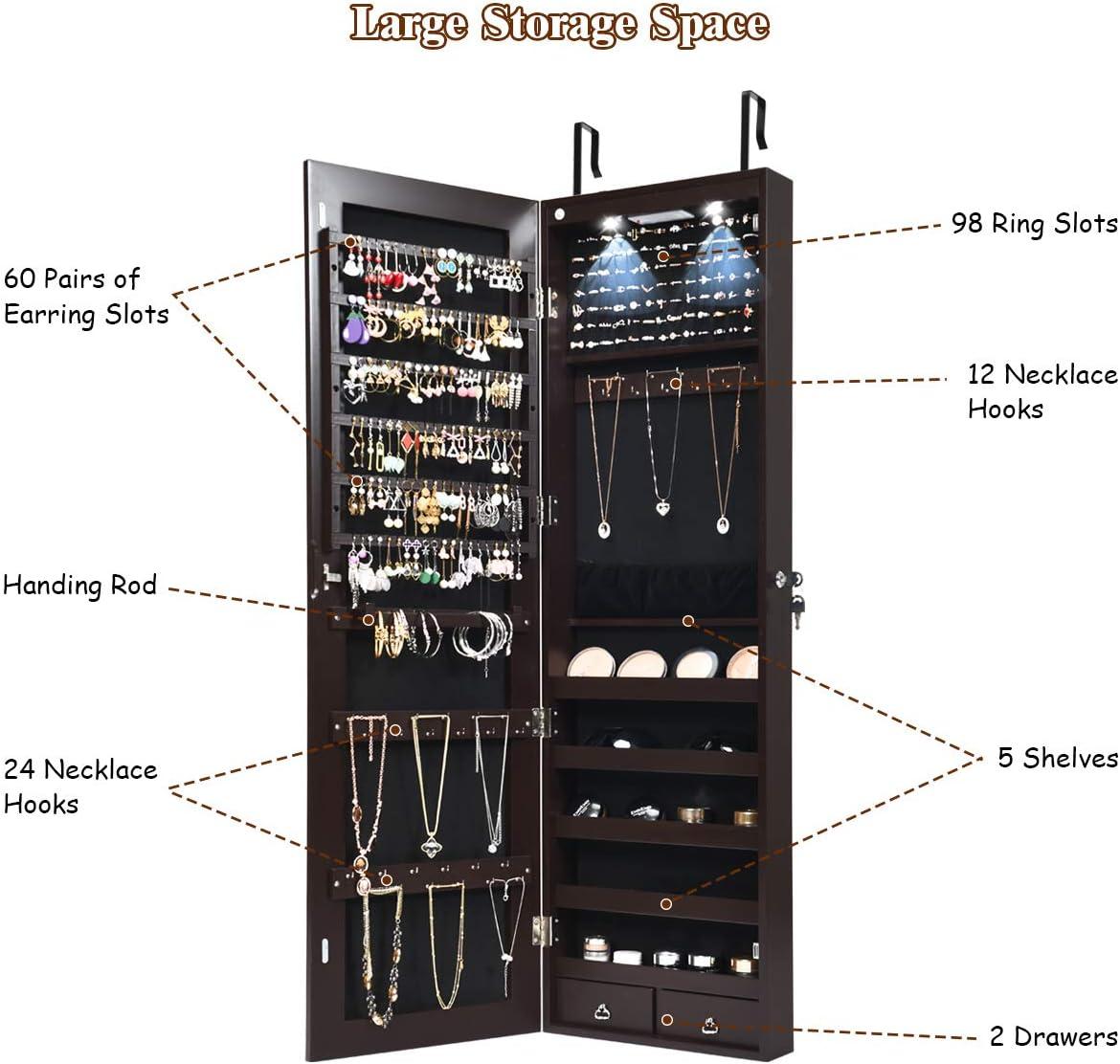 image:imageGiantex Wall Door Mounted Jewelry Armoire Cabinet with 475 H Full Length Mirror 2 LEDs Lockable Jewelry Organizer Box with Bracelet Rod 2 Drawers Large Storage Capacity BlackEspresso