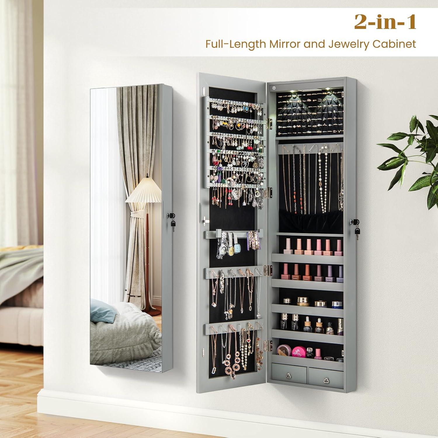 image:imageGiantex Wall Door Mounted Jewelry Armoire Cabinet with 475 H Full Length Mirror 2 LEDs Lockable Jewelry Organizer Box with Bracelet Rod 2 Drawers Large Storage Capacity BlackGray