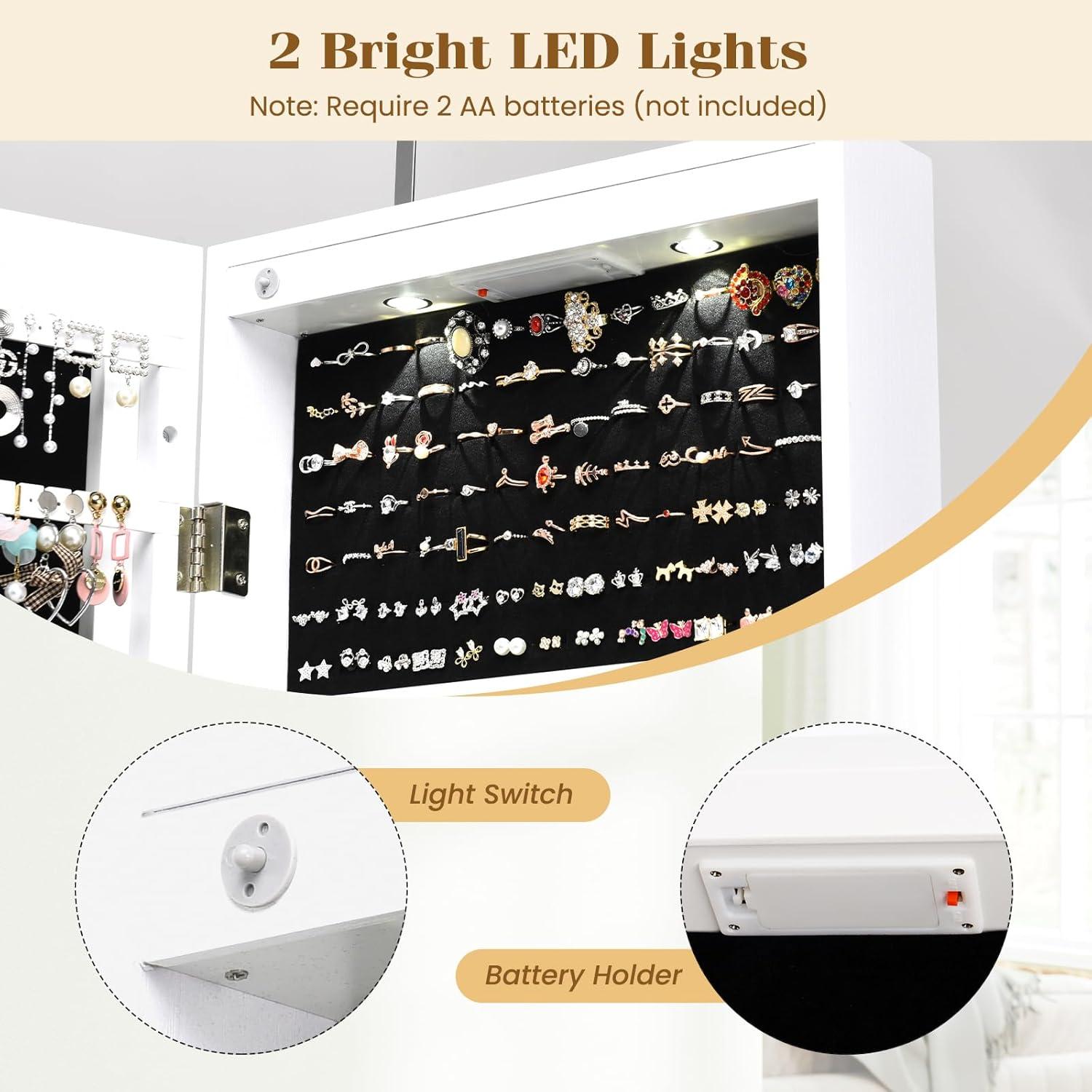 image:imageGiantex Wall Door Mounted Jewelry Armoire Cabinet with 475 H Full Length Mirror 2 LEDs Lockable Jewelry Organizer Box with Bracelet Rod 2 Drawers Large Storage Capacity BlackWhite