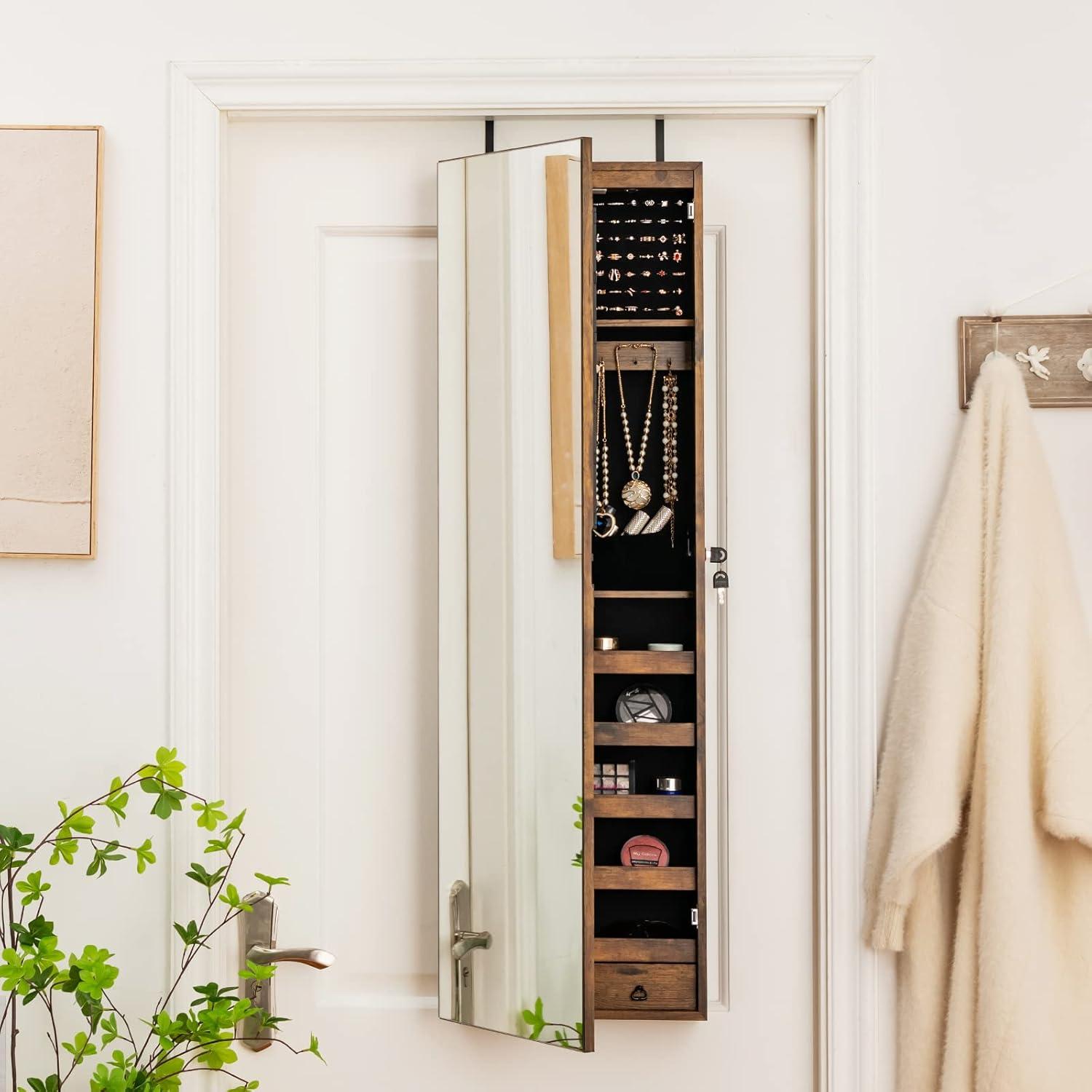 image:imageGiantex Wall Door Mounted Jewelry Armoire Cabinet with 475 H Full Length Mirror 2 LEDs Lockable Jewelry Organizer Box with Bracelet Rod 2 Drawers Large Storage Capacity BlackRustic Brown