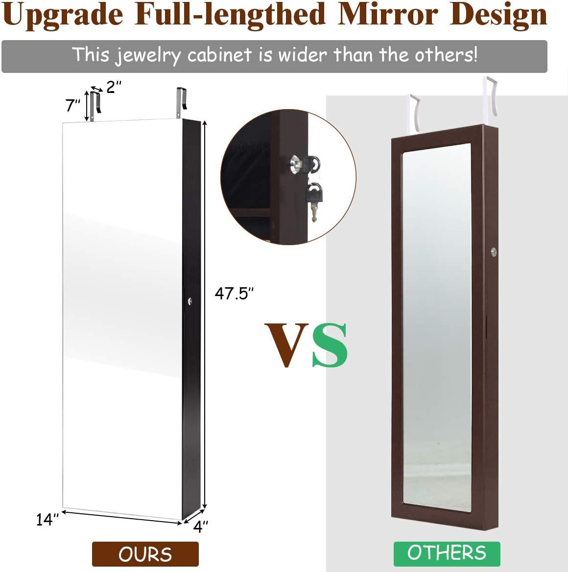 image:imageGiantex Wall Door Mounted Jewelry Armoire Cabinet with 475 H Full Length Mirror 2 LEDs Lockable Jewelry Organizer Box with Bracelet Rod 2 Drawers Large Storage Capacity BlackEspresso