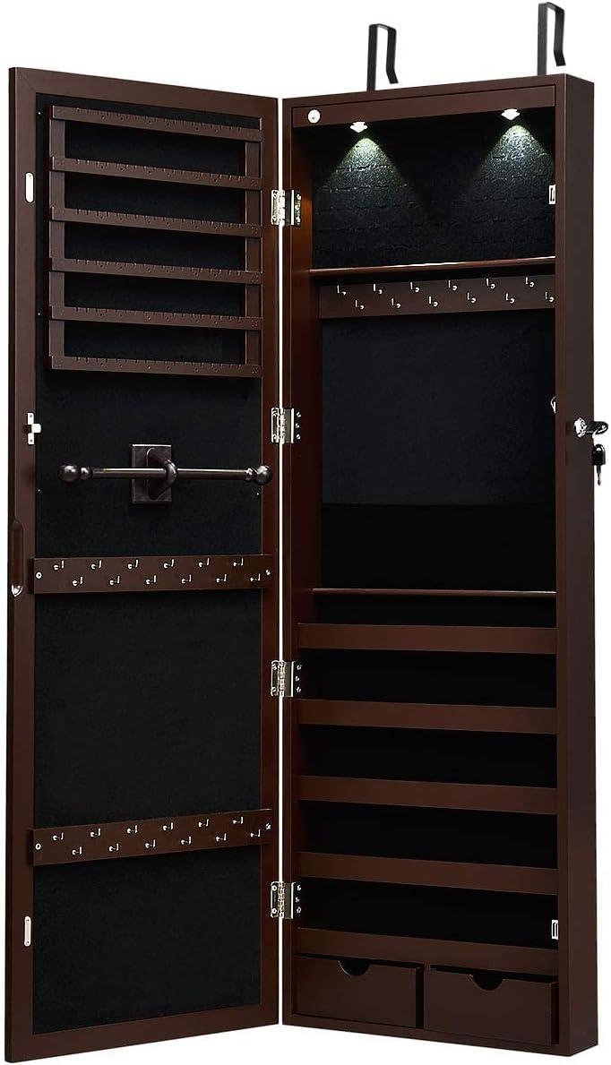 image:imageGiantex Wall Door Mounted Jewelry Armoire Cabinet with 475 H Full Length Mirror 2 LEDs Lockable Jewelry Organizer Box with Bracelet Rod 2 Drawers Large Storage Capacity BlackEspresso