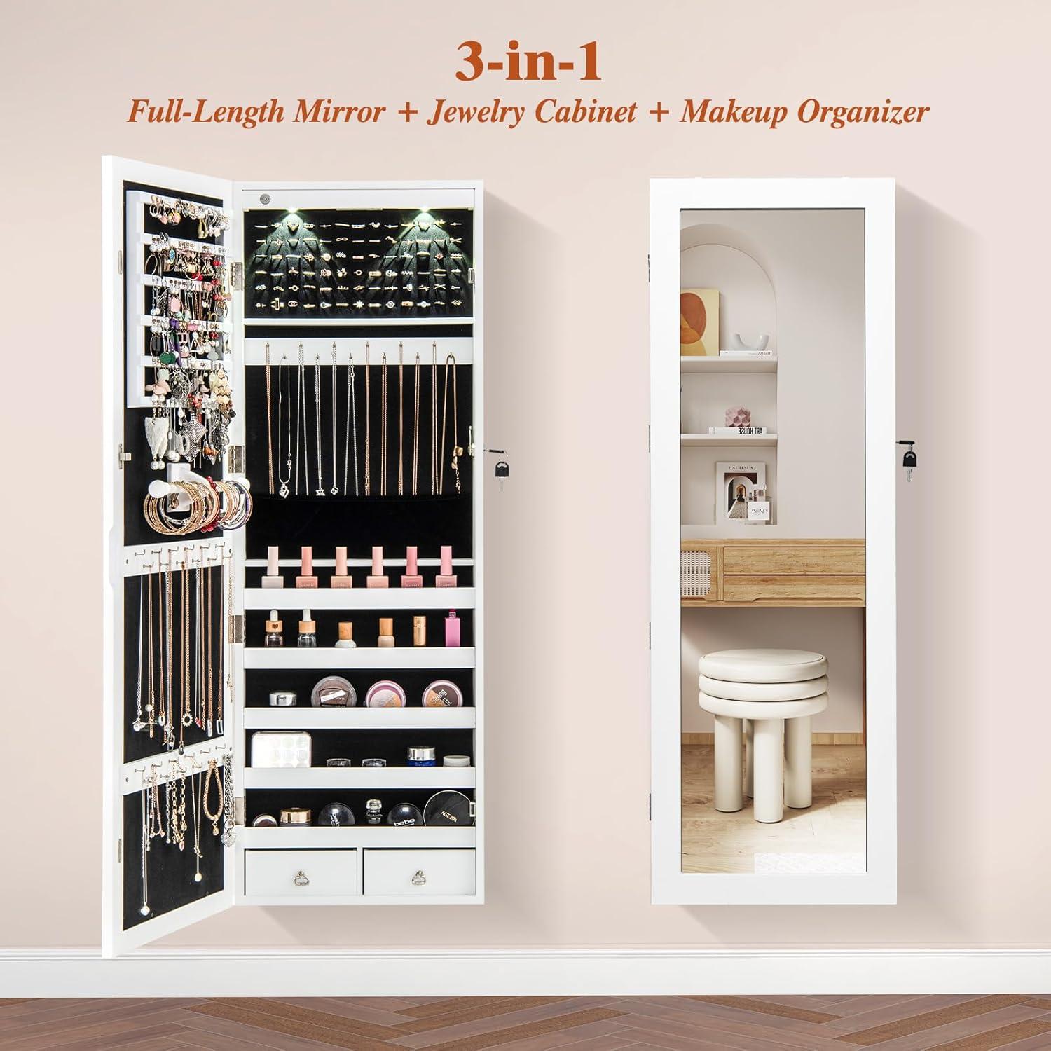 image:imageGiantex Wall Door Mounted Jewelry Armoire Cabinet with 475 H Full Length Mirror 2 LEDs Lockable Jewelry Organizer Box with Bracelet Rod 2 Drawers Large Storage Capacity BlackWhite