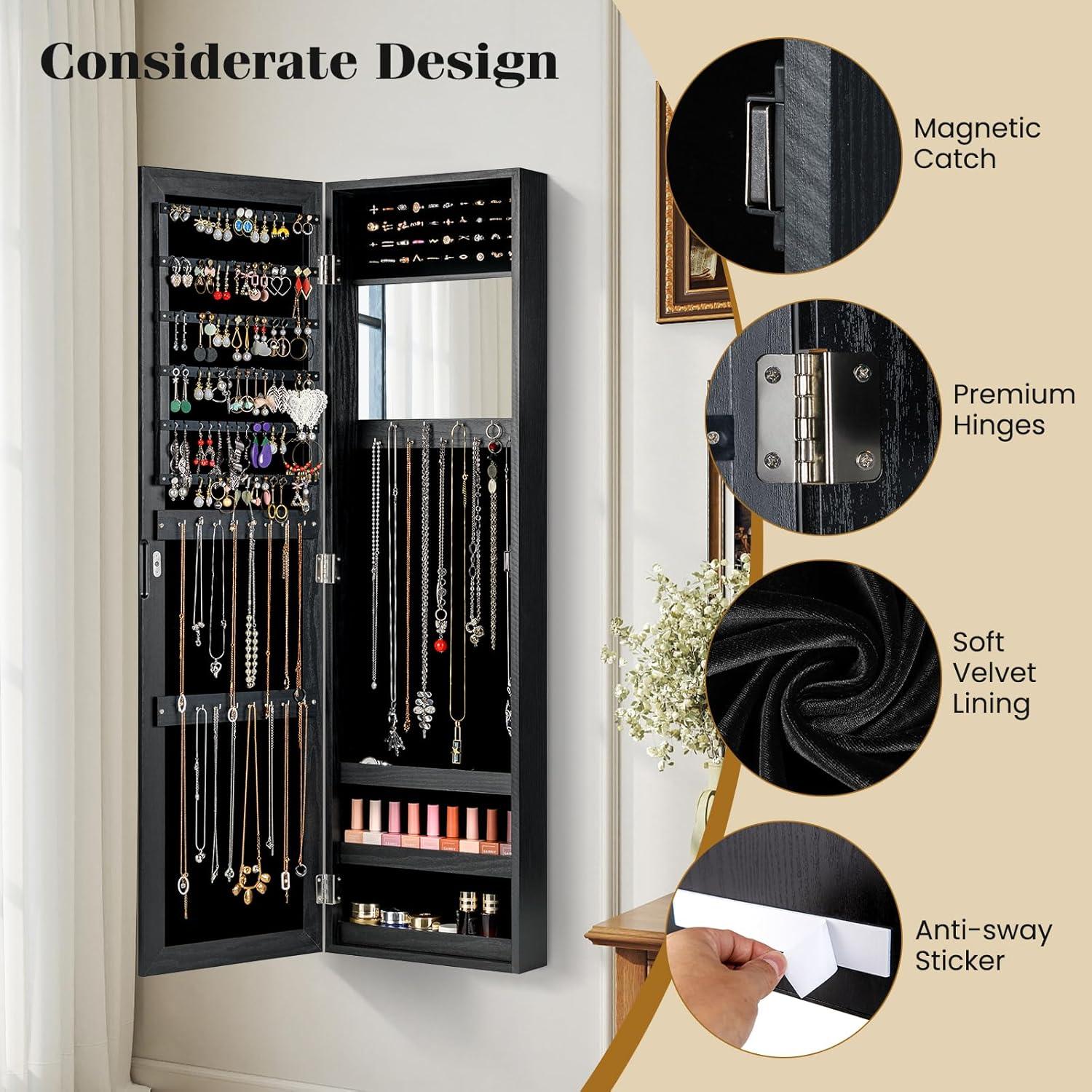 image:imageGiantex Wall Mounted Jewelry Cabinet with Full Length Mirror Over The Door Jewelry Armoire Organizer with Large Storage Makeup Mirror amp Velvet Lining BrownBlack