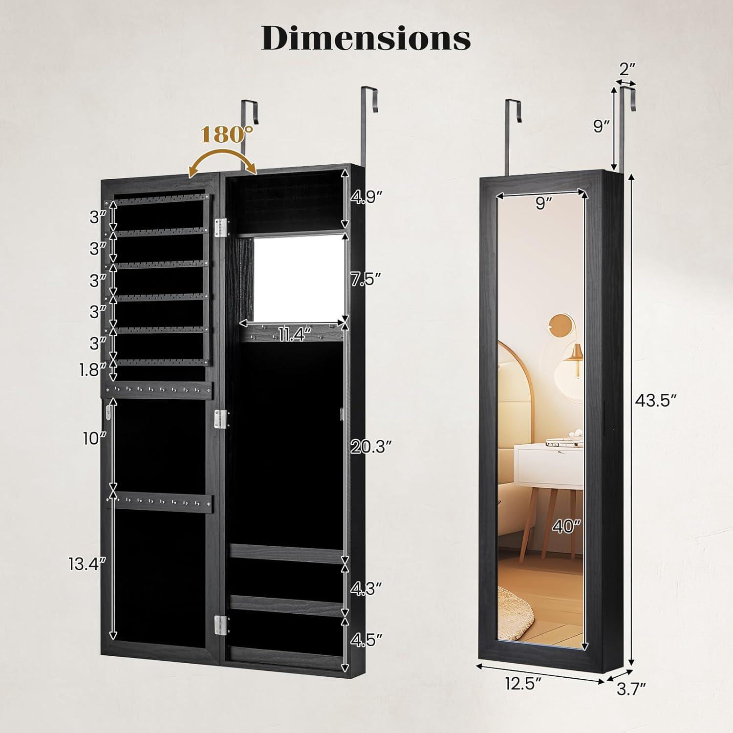image:imageGiantex Wall Mounted Jewelry Cabinet with Full Length Mirror Over The Door Jewelry Armoire Organizer with Large Storage Makeup Mirror amp Velvet Lining BrownBlack